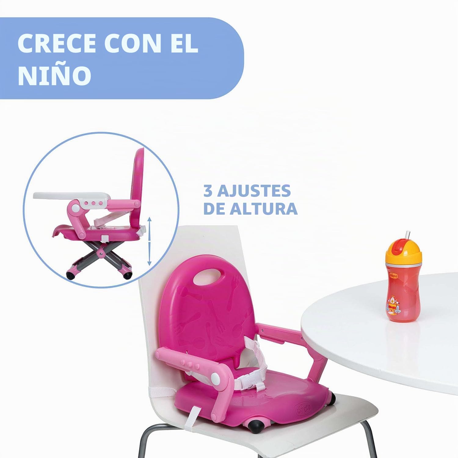 Chicco Pocket Snack Alzador de Silla para Niños para Comer, Apto de 6 Meses hasta 3 Años (15 kg), Trona de Viaje Portátil y Ajustable para Bebés, Compacta y con Bandeja Desmontable - Rosa