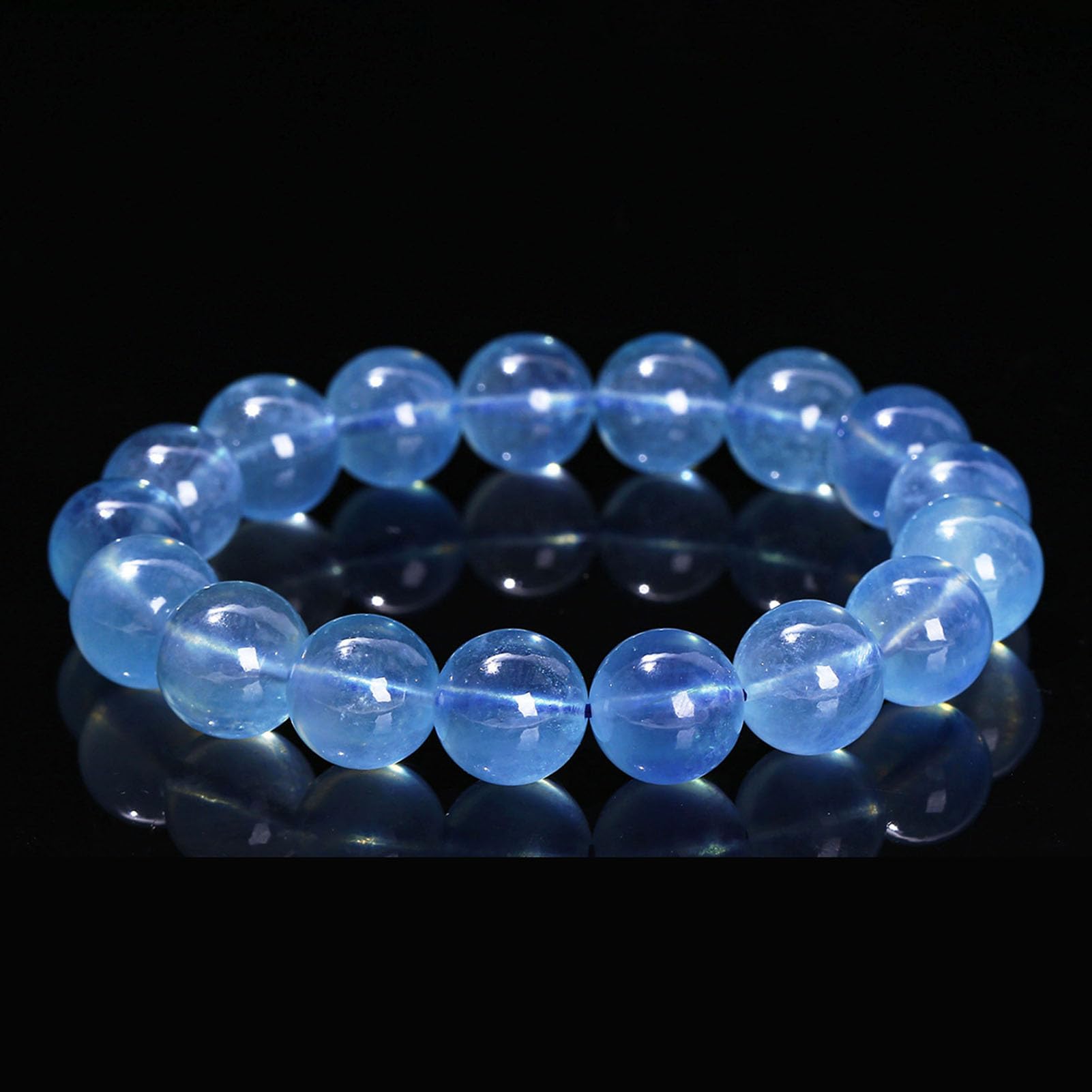 Bracciale Elasticizzato con Vera Acquamarina per Donna e Uomo, Perline di Cristallo Azzurro Naturale per Il Chakra della Gola, Comunicazione Calma energia Yoga, Regalo Compleanno,7a,9MM