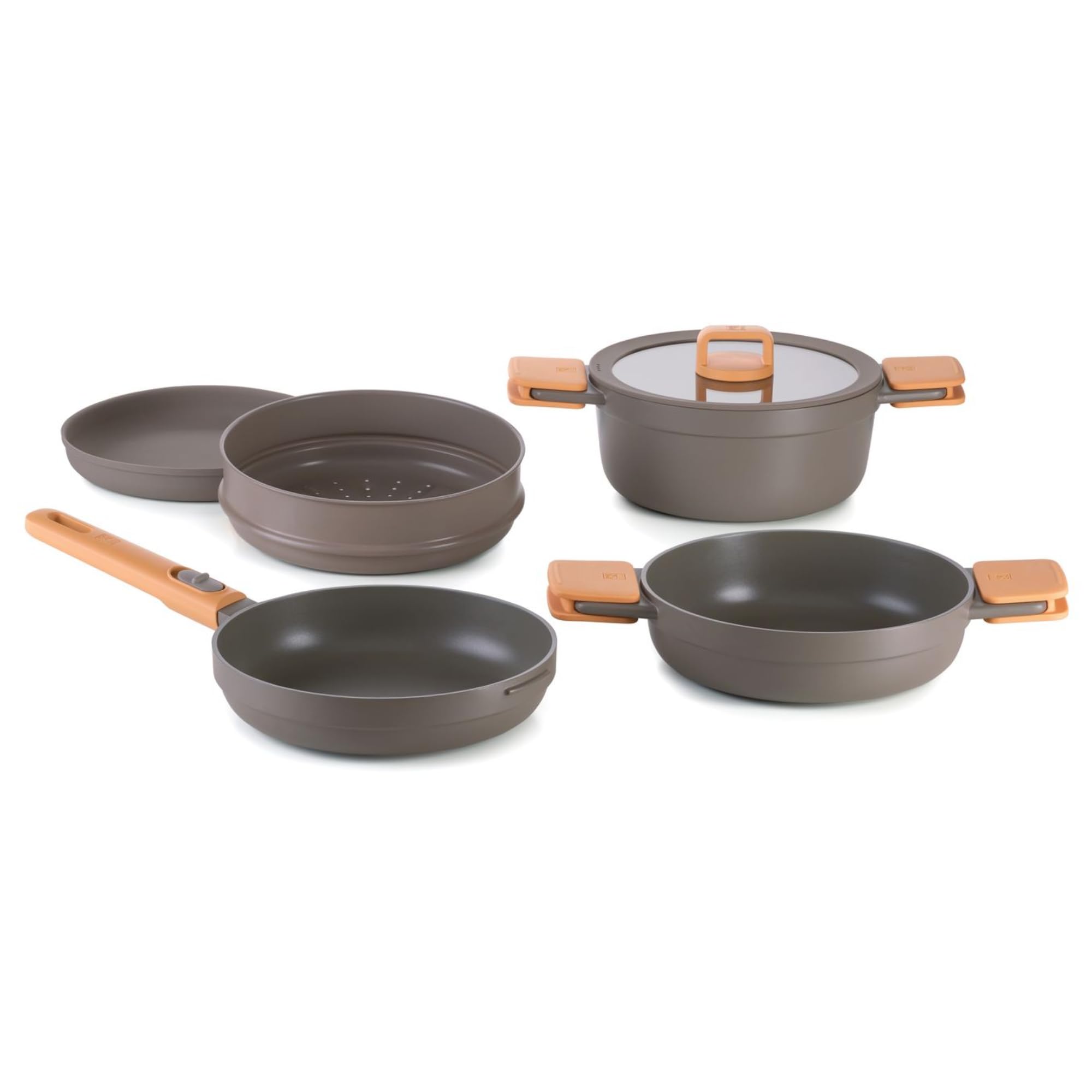 BRA Juego de 5 piezas de batería de cocina apilable antiadherente para placa de inducción con sartén de 24 cm, cazuelas altas y poco profundas, vaporera y tapa de vidrio templado. Juego de utensilios