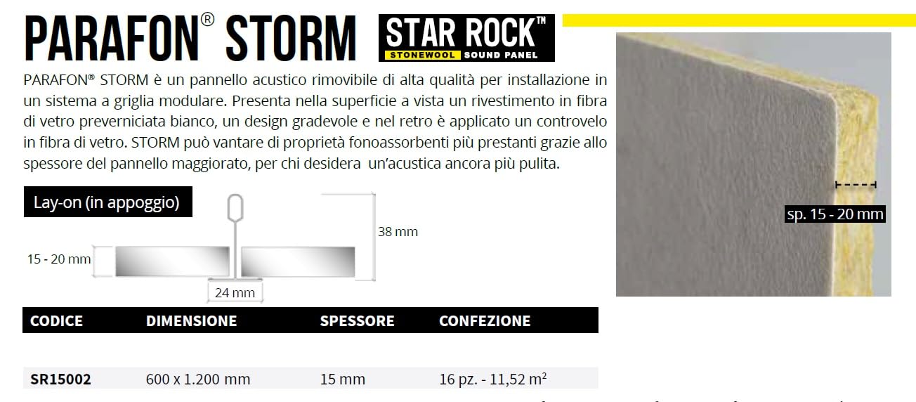 Akifix ITP Parafon Storm STAR ROCK SR15002 Pannelli controsoffitto in LANA DI ROCCIA 600x1200x15 mm Conf. 16 Pz. /11,52 Mq IN APPOGGIO