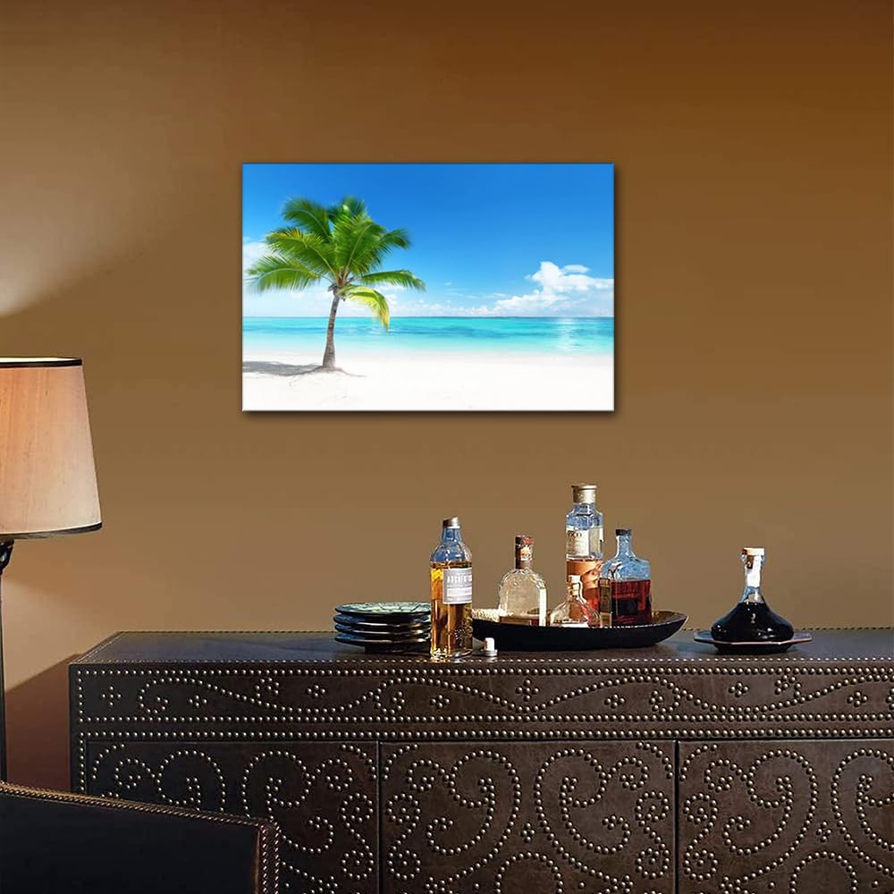 Wall Art Canvas Art Paintings for Room Decor Beautiful Tropical View of Palm Tree on The Beach Picture Prints On Canvas for Home Decor Modern Giclee Framed Ready to Hang(24" W x 16" H) - Image 3