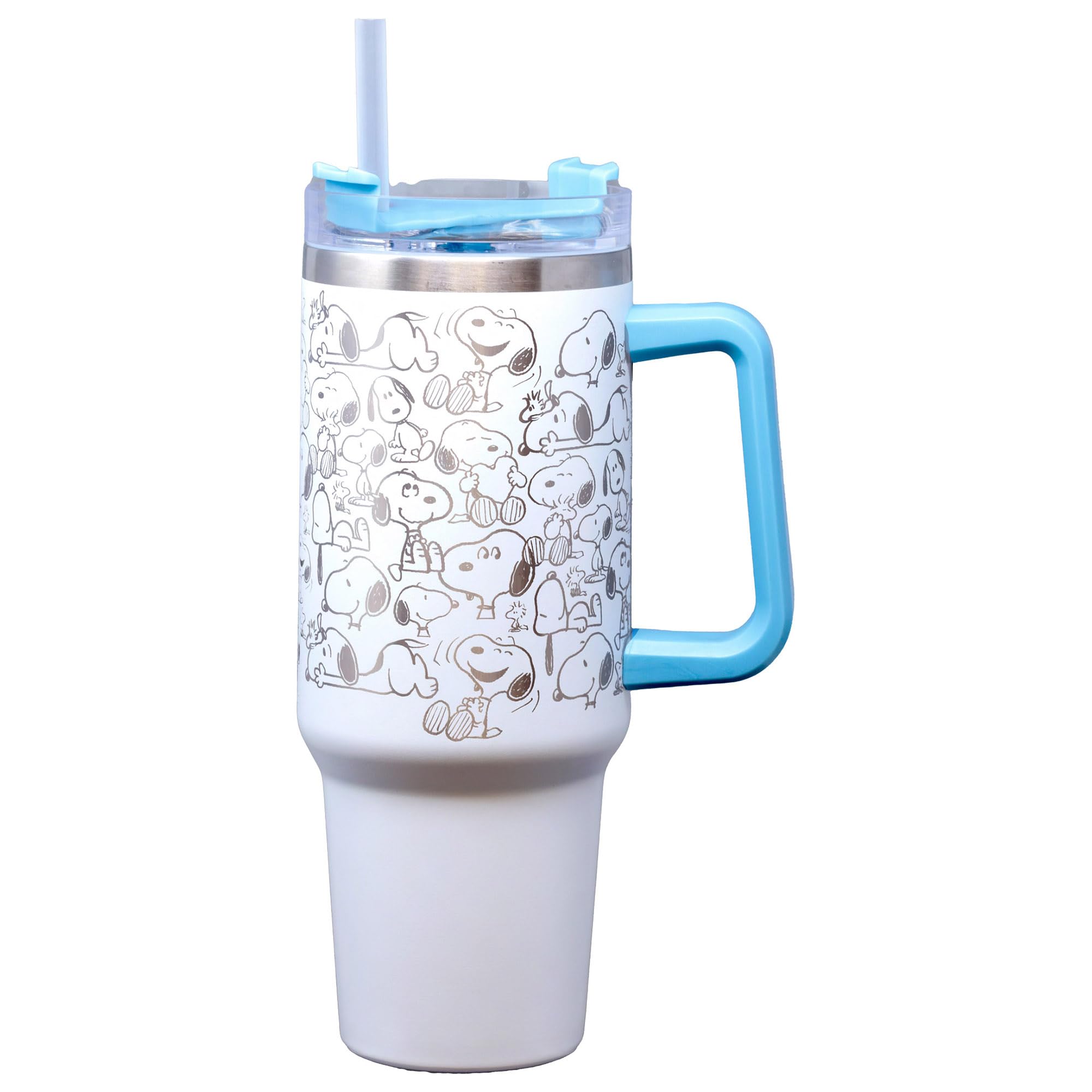 Etched Peanuts Stainless Steel Travel Mug, 40oz - Double Wall Insulation, Sturdy Handle, Sliding Lock Travel Lid - Snoopy