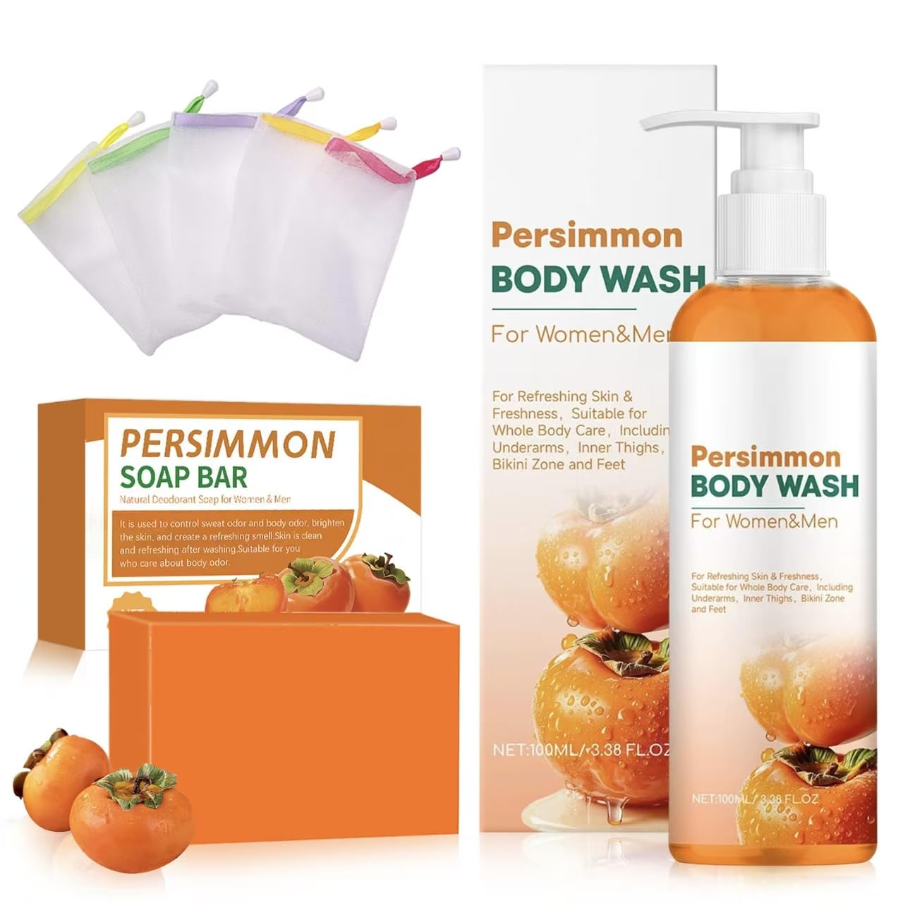 Set di sapone cachi e gel doccia Persimmon da 100 ml con sapone Persimmon, rete in schiuma per viso e corpo, pulizia profonda e idratante, per uomo e donna