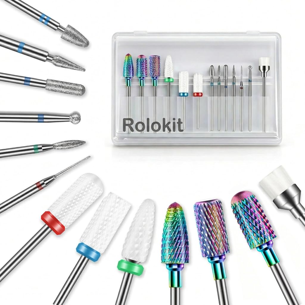 Juego de 13 brocas para uñas, profesionales 3/32" fresas torno para uñas, limas de cerámica de tungsteno carburo con cepillo, removedores de cutículas para manicura de uñas acrílicas/gel