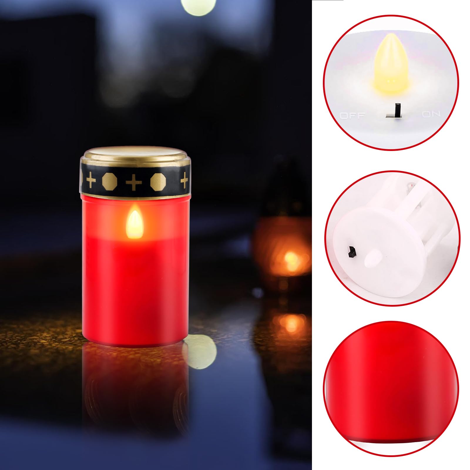 Juego de 6 Velas LED para Tumba Exterior, Vela para Cementerios, Luces Funerarias, Lámpara para Tumbas, Vela Led Efecto Llama, 6 Meses de Duración, Funciona con Pilas (pilas no incluidas)