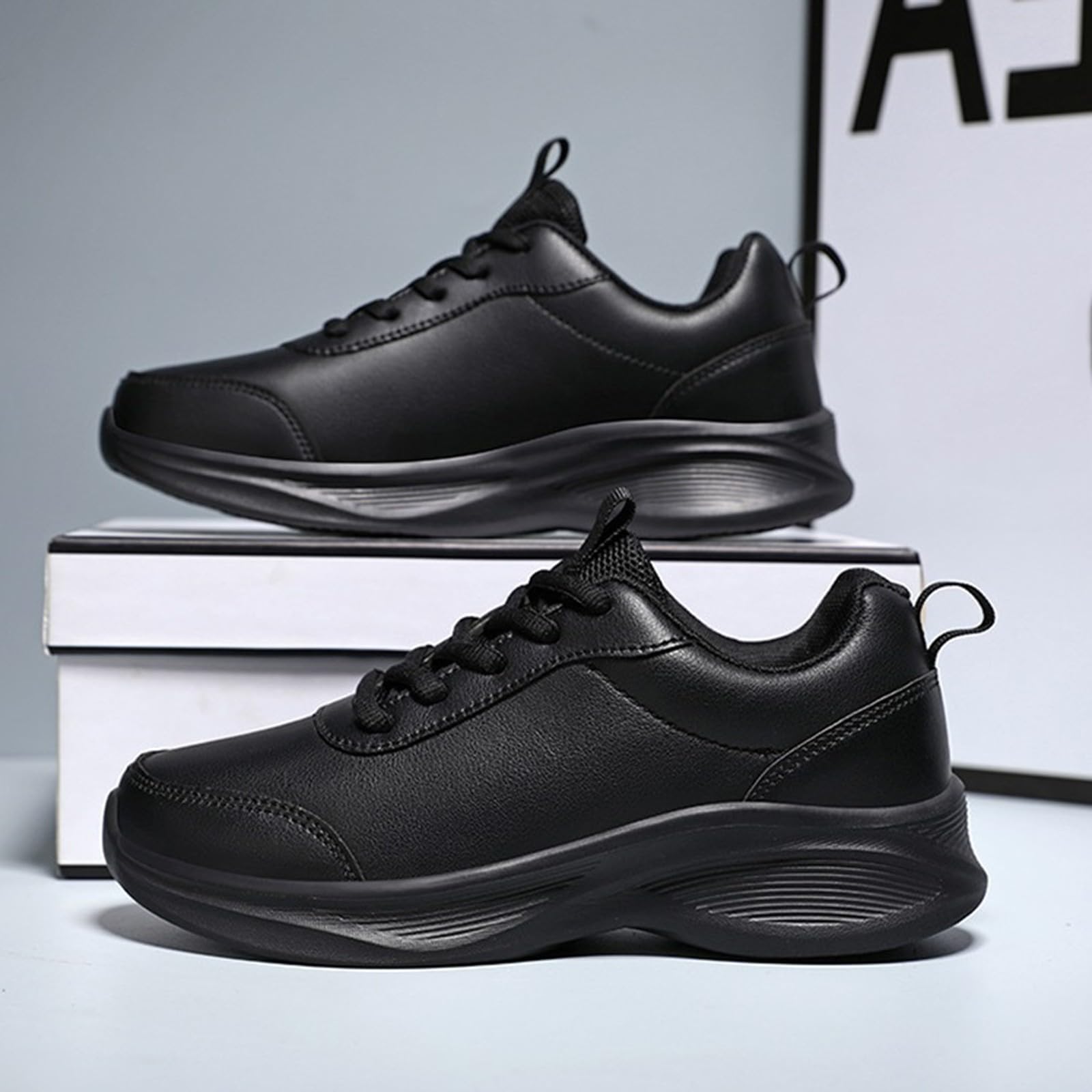 Baskets pour femme - Noir - Avec semelle blanche - Légères - En cuir - Antidérapantes - Respirantes - Chaussures de tennis épaisses - Avec lanières - Chaussures de fitness - Chaussures de marche