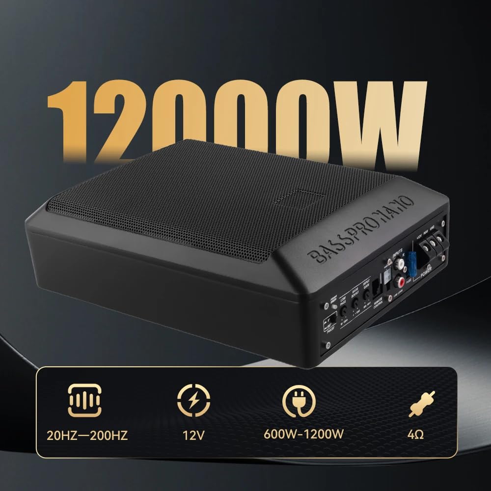 Podofo Aktywny subwoofer samochodowy 600 W, ultra cienki głośnik pod siedzeniem, wzmacniacz basowy 12 V 4 omy, 28 x 20 x 7,5 cm, z kablem wzmacniacza i kompletnym zestawem instalacyjnym