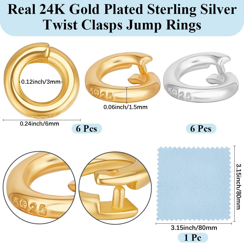Beebeecraft 12Pcs 2 Colors 925 Sterling Silver Locking Jump Ring OD 6mm ID 3.5mm/ 3mm 24K Gold Plated Round Connector Open O Ring for Charms Necklace Bracelet Jewelry Making, 1~1.5mm Thickness - Image 2
