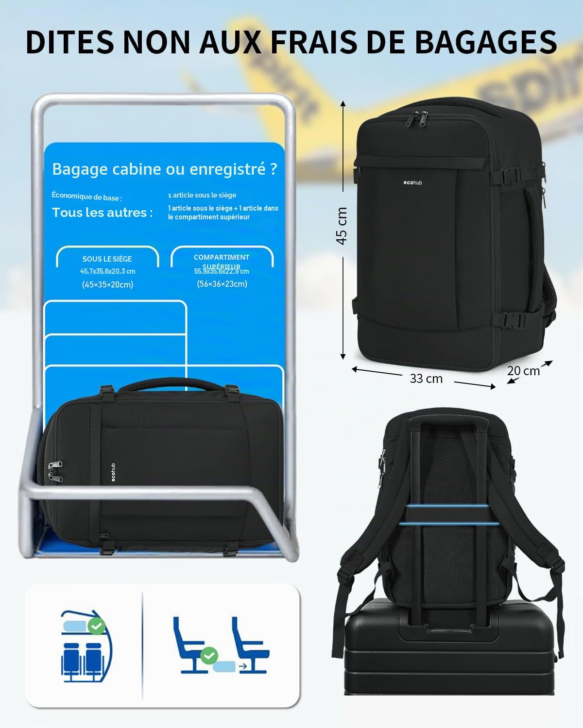 ECOHUB Sac a Dos Voyage Cabine Avion 45x36x20 pour Easyjet Bagage Cabine avec 3 Poches Zippées Cachées Bagage à Main Homme Sac à Dos pour Ordinateur 15.6 Pouces, Sac Cabine sous Siège, Noir, 30L