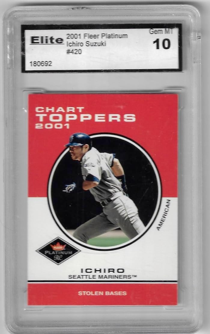 Ichiro Suzuki Gem Mint 10 GMA Graded Elite Platinum Rookie Card Chart Toppers Collectible Baseball Card - 2001 Fleer Platinum Baseball Card #420 (Mariners)