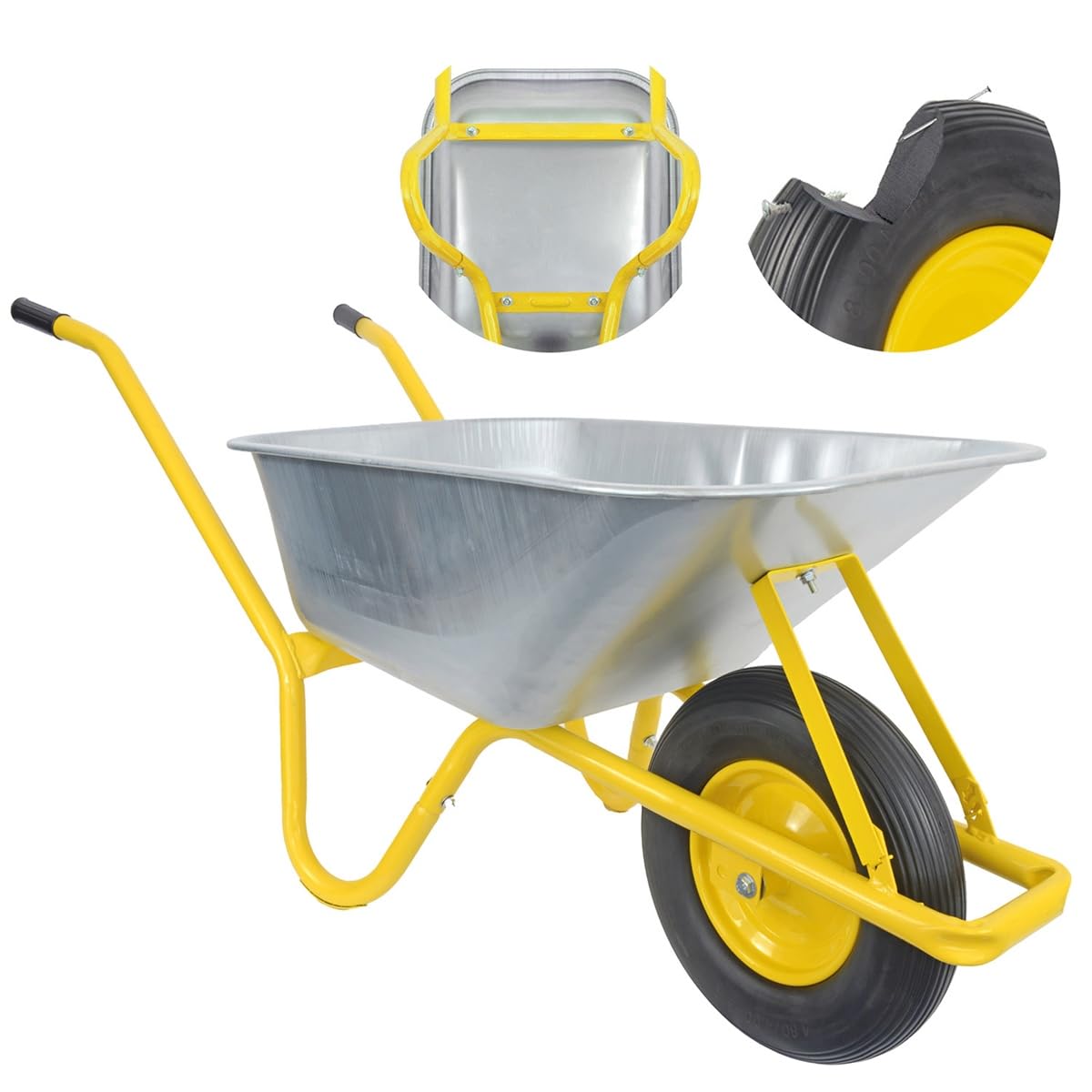 Matrix Schubkarre 100l Liter 250 kg pannensichers PU-Rad Schubkarren groß Garten Scheibtruhe Bauschubkarre | Mulde verzinkt | Metall Felge mit Kugellager | Farbe gelb