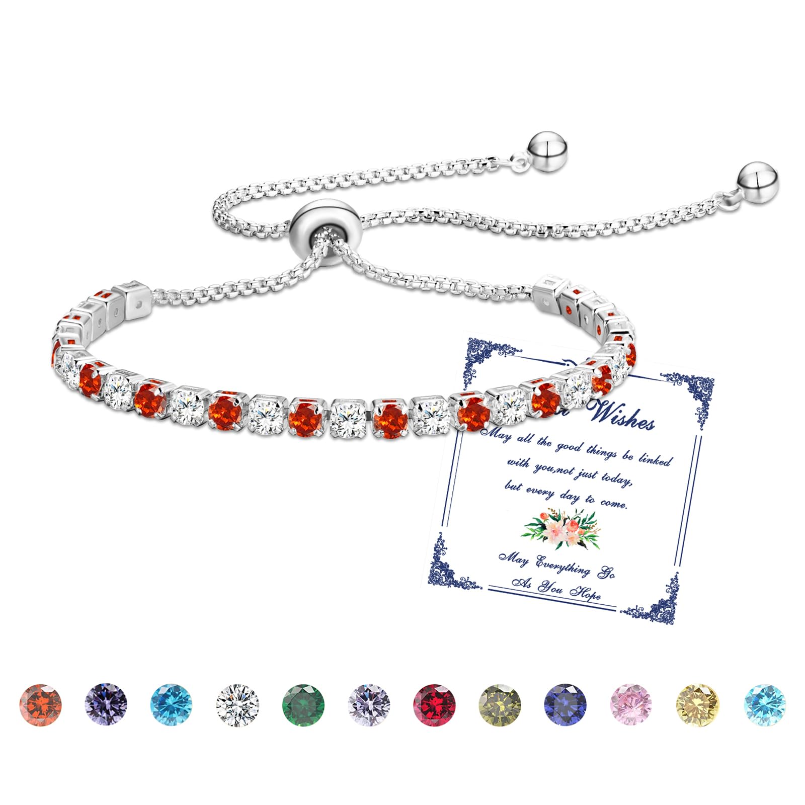 Esmoly Bracciale Donna Argento Bracciale Tennis con 12 Colori di Pietre Natali e 5A Sparkle Zircone Regolabile Regalo Compleanno Donna Ragazza