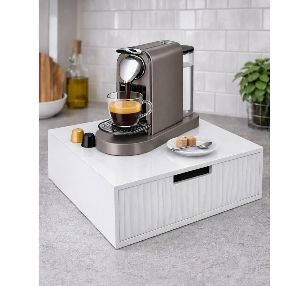 Porta Capsule e Cialde Caffè completamente in Legno Bambù Bianco 30x30x10 cm – Supporto Macchina Caffè Salvaspazio con 3 Scomparti
