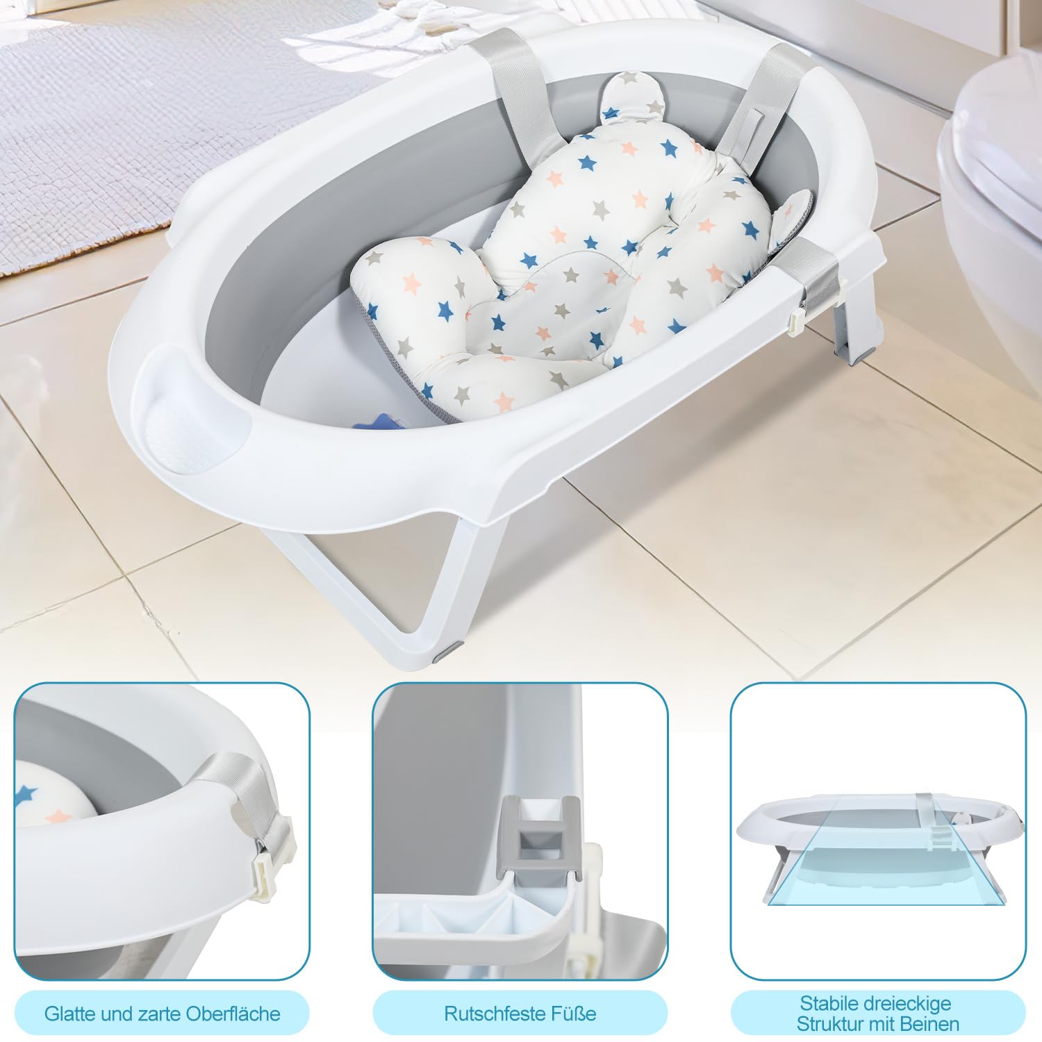 Faltbare Babybadewanne mit Gestell & temperaturreaktivem Ablassstopfen – Babywanne mit Badematte & Wasserablauf – Für Neugeborene bis 5 Jahre – Grau