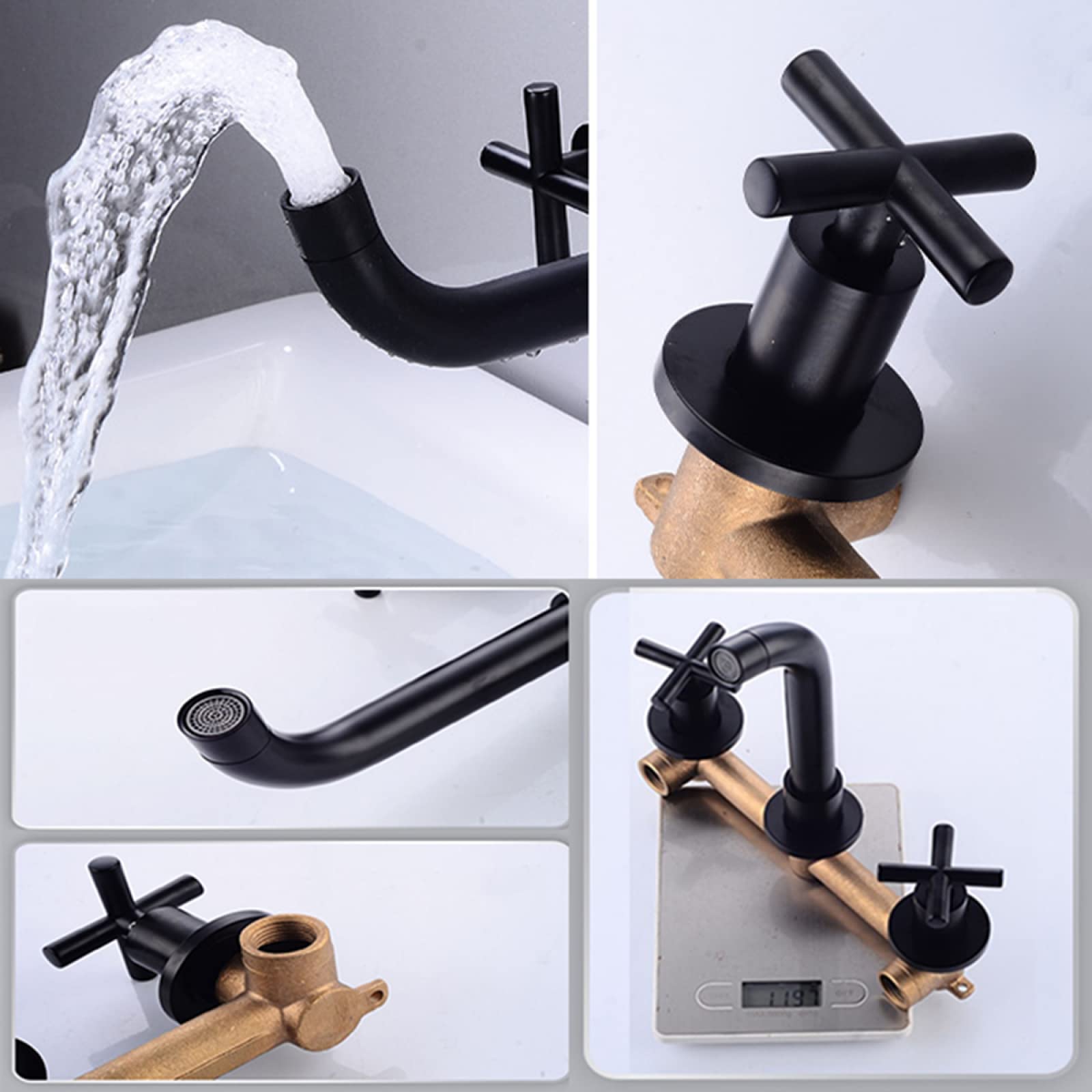 Grifería para Lavabo Pared,Rotación de 360 Grados,Grifo de Pared de Dos Manijas,Grifo Empotrado Latón,Grifo de Lavabo para Agua Fría y Caliente,antiguo