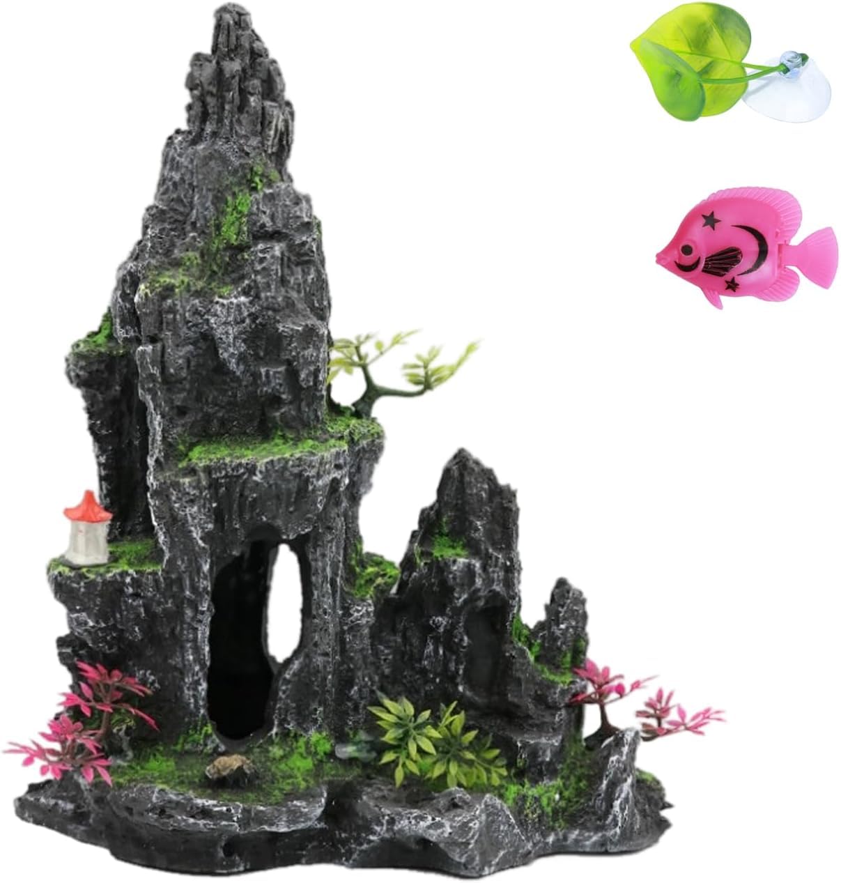 Decorazione per acquario in resina extra con grotta e casa sull'albero, grande ornamento tematico per acquario, decorazione per acquario (con piccoli pesci e piante acquatiche in plastica di