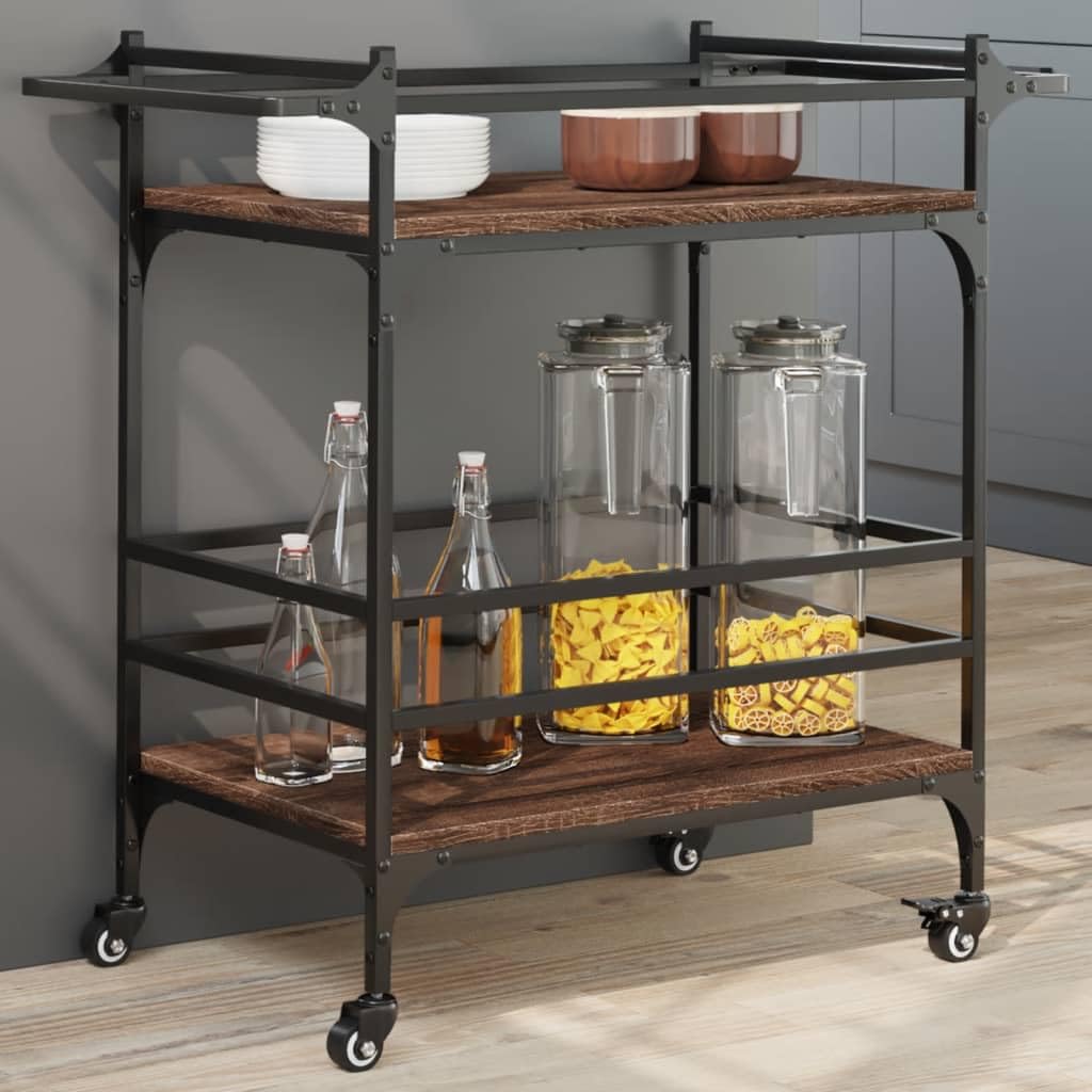 Hothingwell Carrello Cucina Rovere Marrone 82x40x78,5 cm, Carrello Portaverdure in Legno Multistrato con 4 Ruote e 2 Freni, Portaoggetti con Porta Strofinacci, per Cucina Soggiorno Bagno