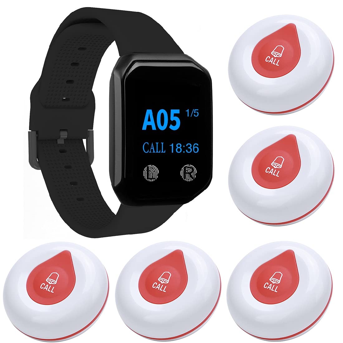 Wireless Calling System Wireless Caregiver Pager Call Button Nurse Alert System with 1 Waterproof Caregiver Watch/5 Call Buttons for Elderly/Patient/Disable at Home