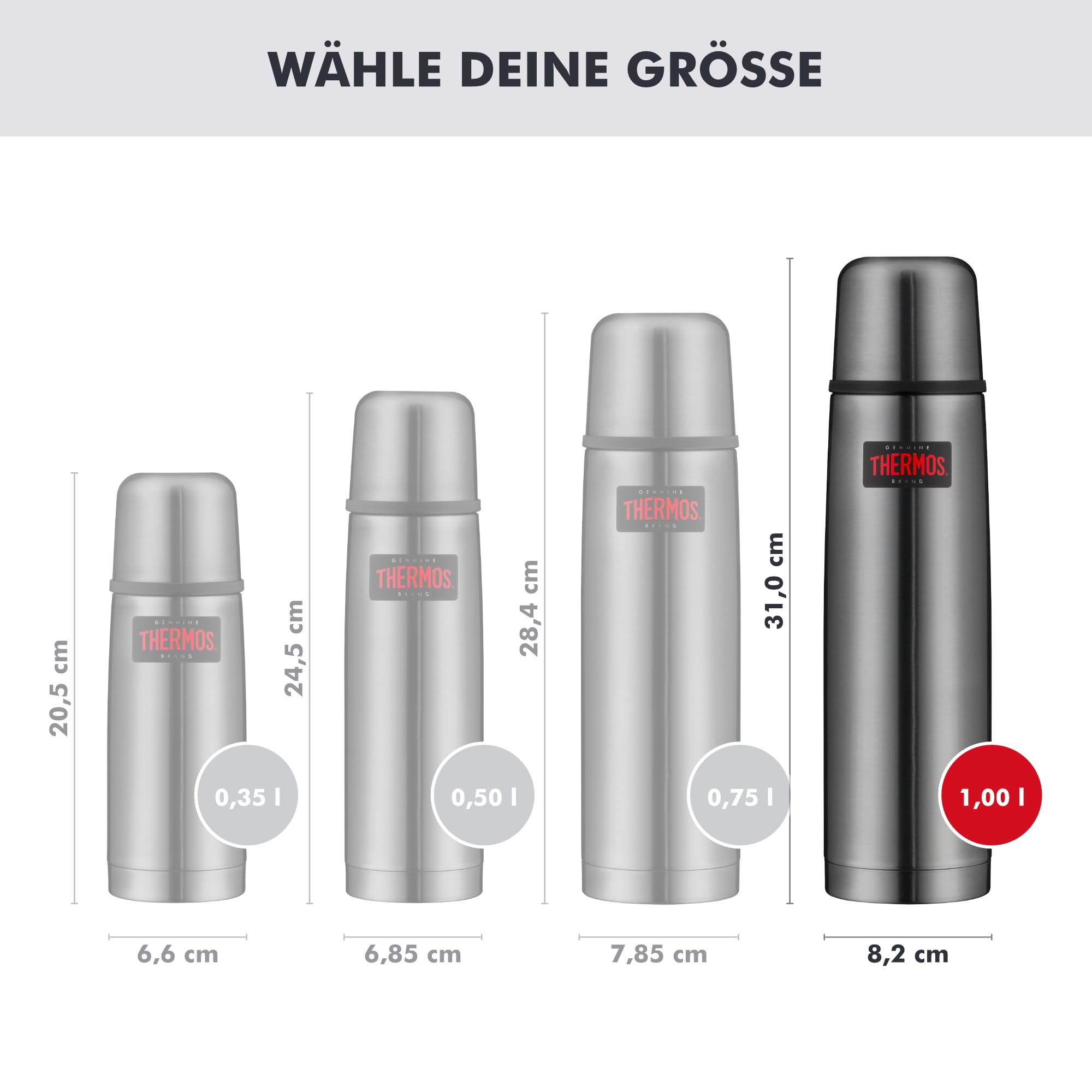THERMOS LIGHT & COMPACT Thermosflasche 1,00 l, 24 h heiß, stone grey | 24 h kalt, mit Trinkbecher, absolut dicht, zerlegbarer Automatikverschluss, Edelstahl-Isolierflasche, grau glänzend