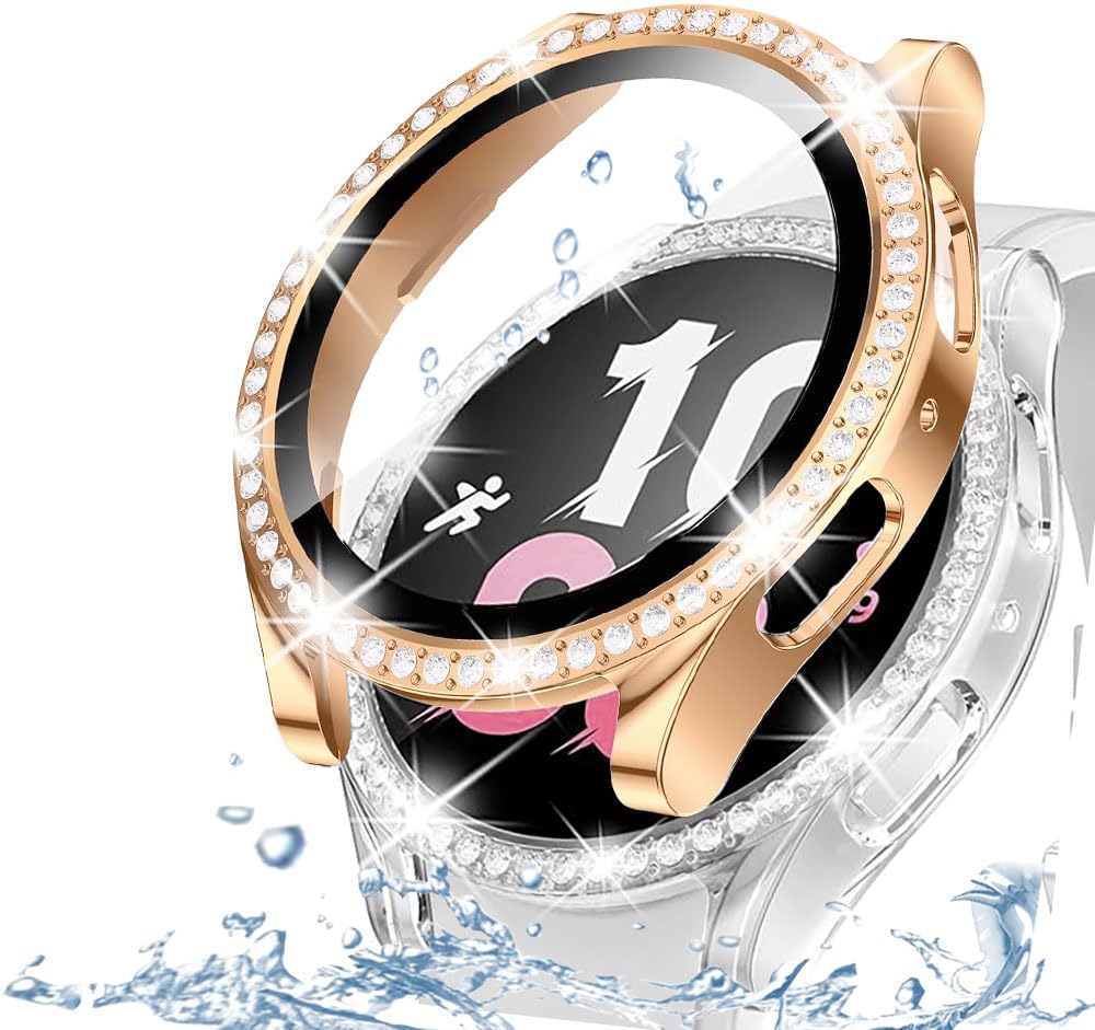 DEALELE [2-PACK] Case Compatible with Samsung Galaxy Watch 5/4 44mm, Bling Single-Row Diamond PC Protective Case Replacement Watch Cover Bumper (44mm, Gold+Transparent) — view 92