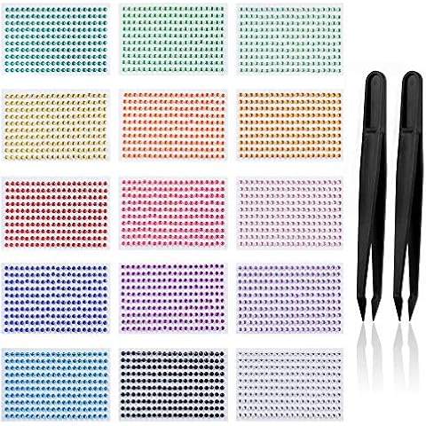 GODLOVEM 3000 Pieces Rhinestone Sticker Crystal Diamond Sticker Round Self Adhesive Gem and 2 Pieces Tweezers, 3 mm Diameter, 15 Colors Cover