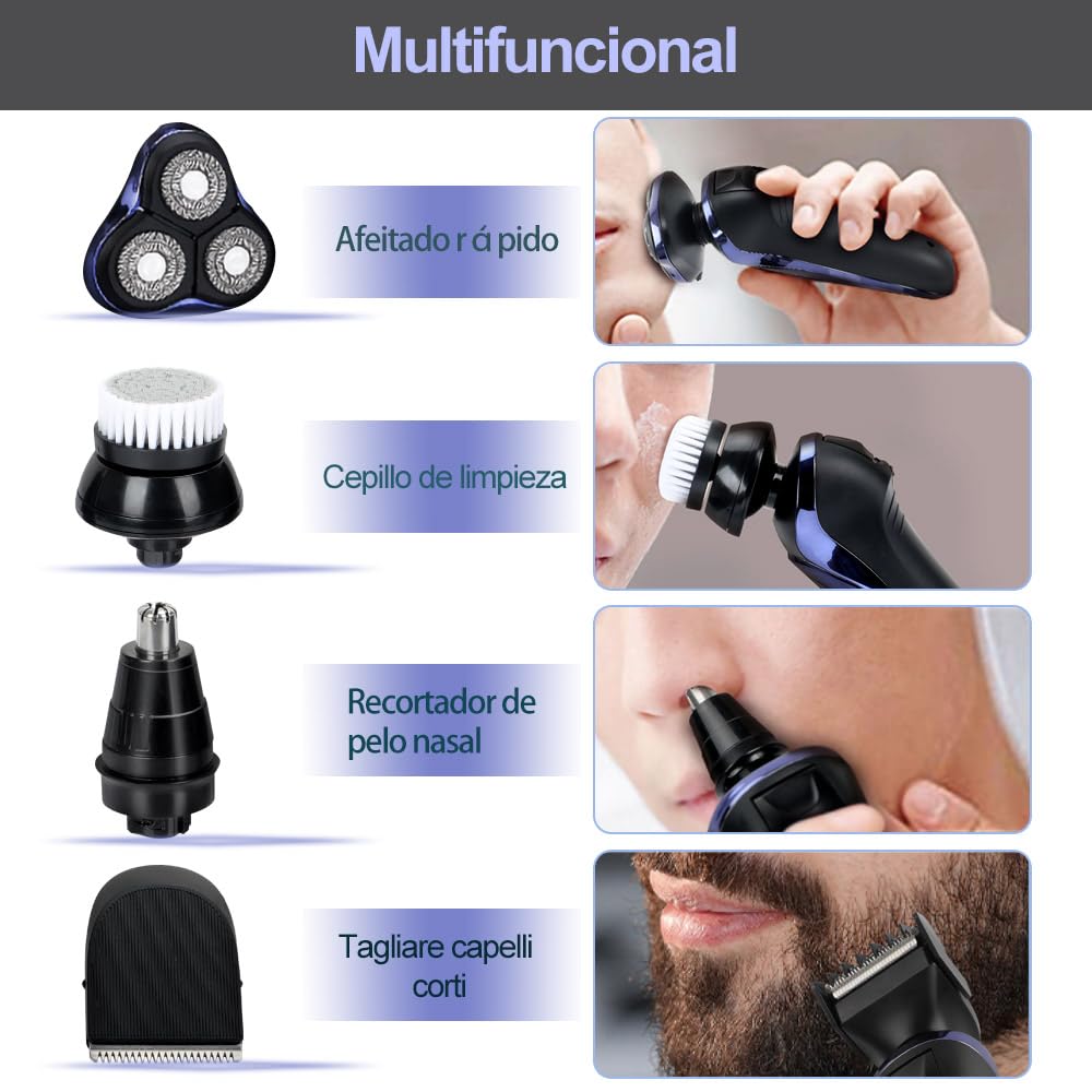 Afeitadora electrica hombre en seco y en húmedo 5 en 1, maquina de afeitar hombre rotativa con cortapelos de precisión IPX7, resistente al agua, Razor eléctrica multifuncional 5en1 para hombres