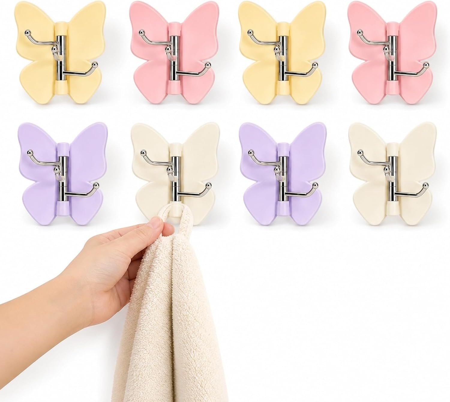 8 PCS Butterfly Wall Hooks, Butterfly Hooks for Wall, 3 Hooks, in Yellow, Purple, White, Pink