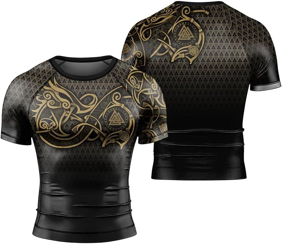 Viking Norse Rune Men's Rash Guard Shirts Short Sleeve, Baselayer Compression Shirt for Jiu Jitsu MMA