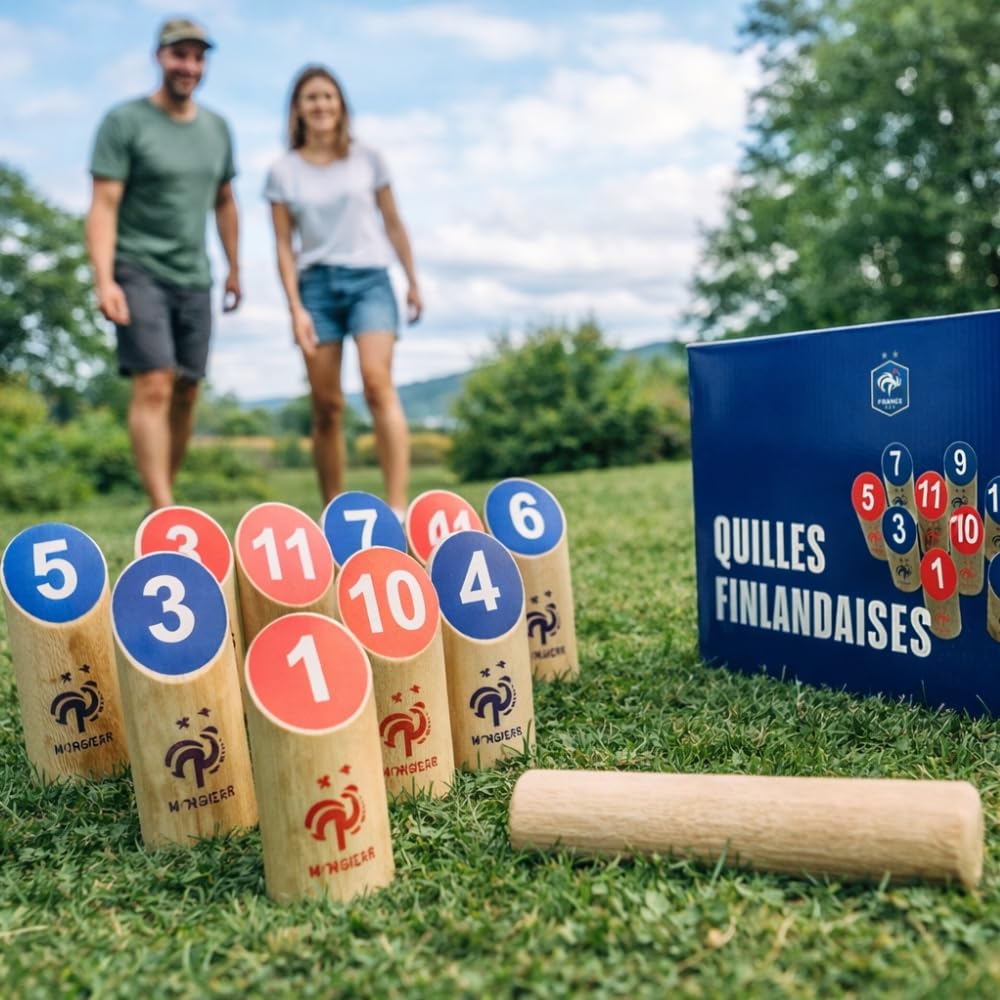FFF Jeu de Quilles Finlandaises en Bois, Équipe de France, Jeu d'Adresse en Plein Air pour Jardin, Adultes et Enfants