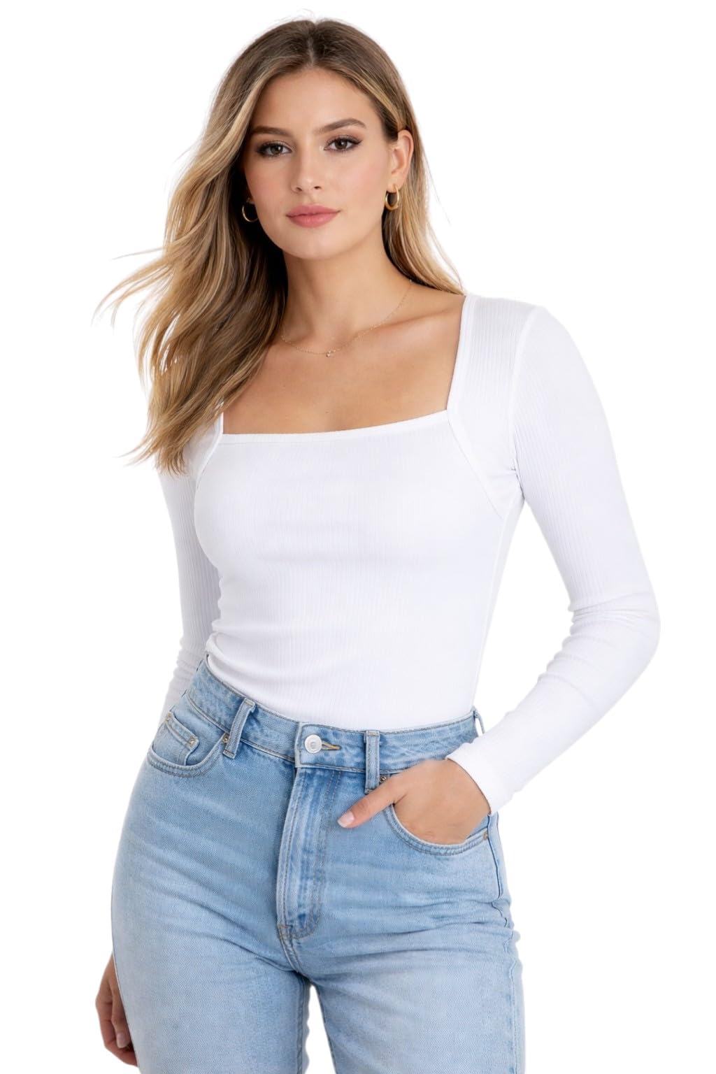 sfoty Women’s Ribbed Square Neck Bodysuit Top – Slim Fit Full Sleeve Stretch Casual-picture-27