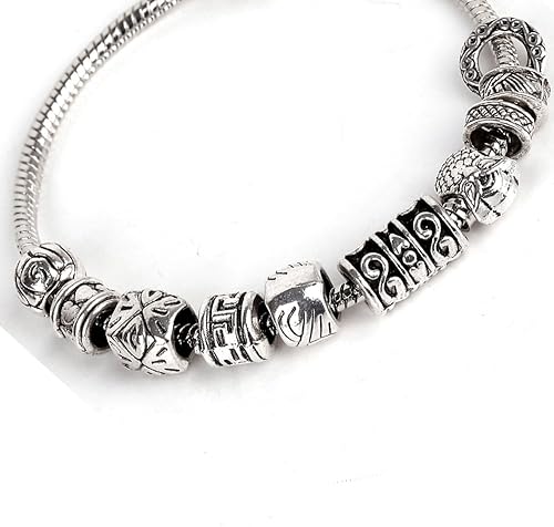 RUBYCA Cuentas sueltas de color plateado tibetano y 1 pulsera europea de 8.3 pulgadas