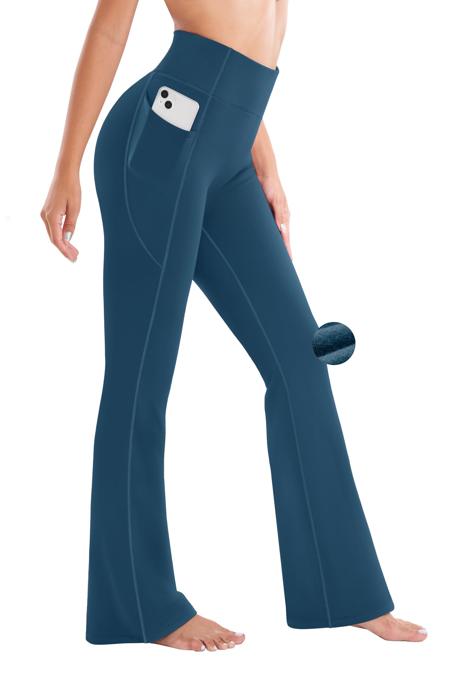 Ewedoos Fleece Lined Pants Women Thermal Yoga Pants with Pockets High Waist Warm Pants Winter Flare Leggings for Women Teal Blue