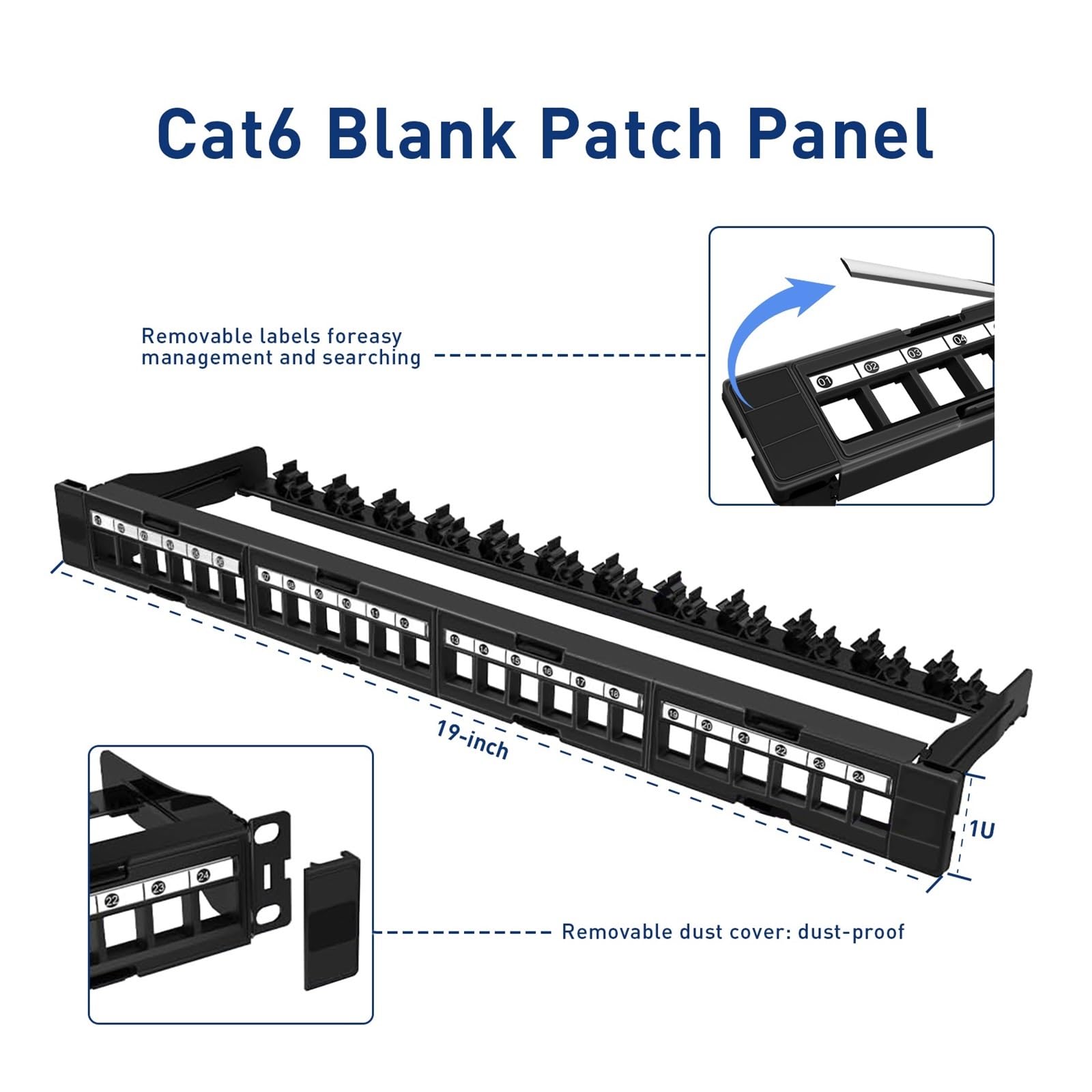 Panneau de brassage UTP Cat6 Cat5e 24 ports avec connecteur amovible, panneau de brassage réseau 19 pouces/1U utilise uniquement des câbles minces(Blank Patch Panel)