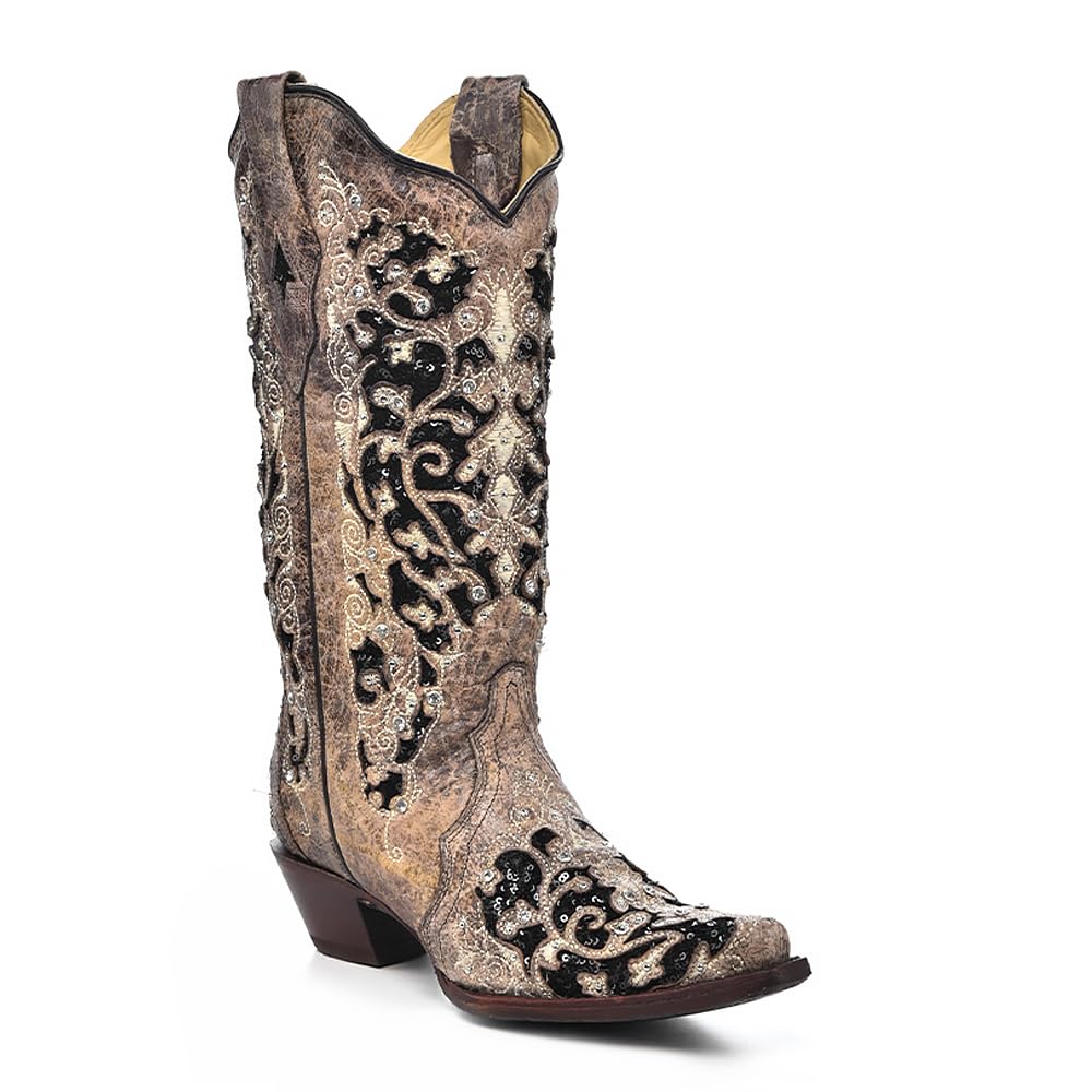 Corral Boots Women's Black Floral Western Boots | Snip Toe Cowboy Boots with Glitter Inlay, Crystal and Stud Embellishments