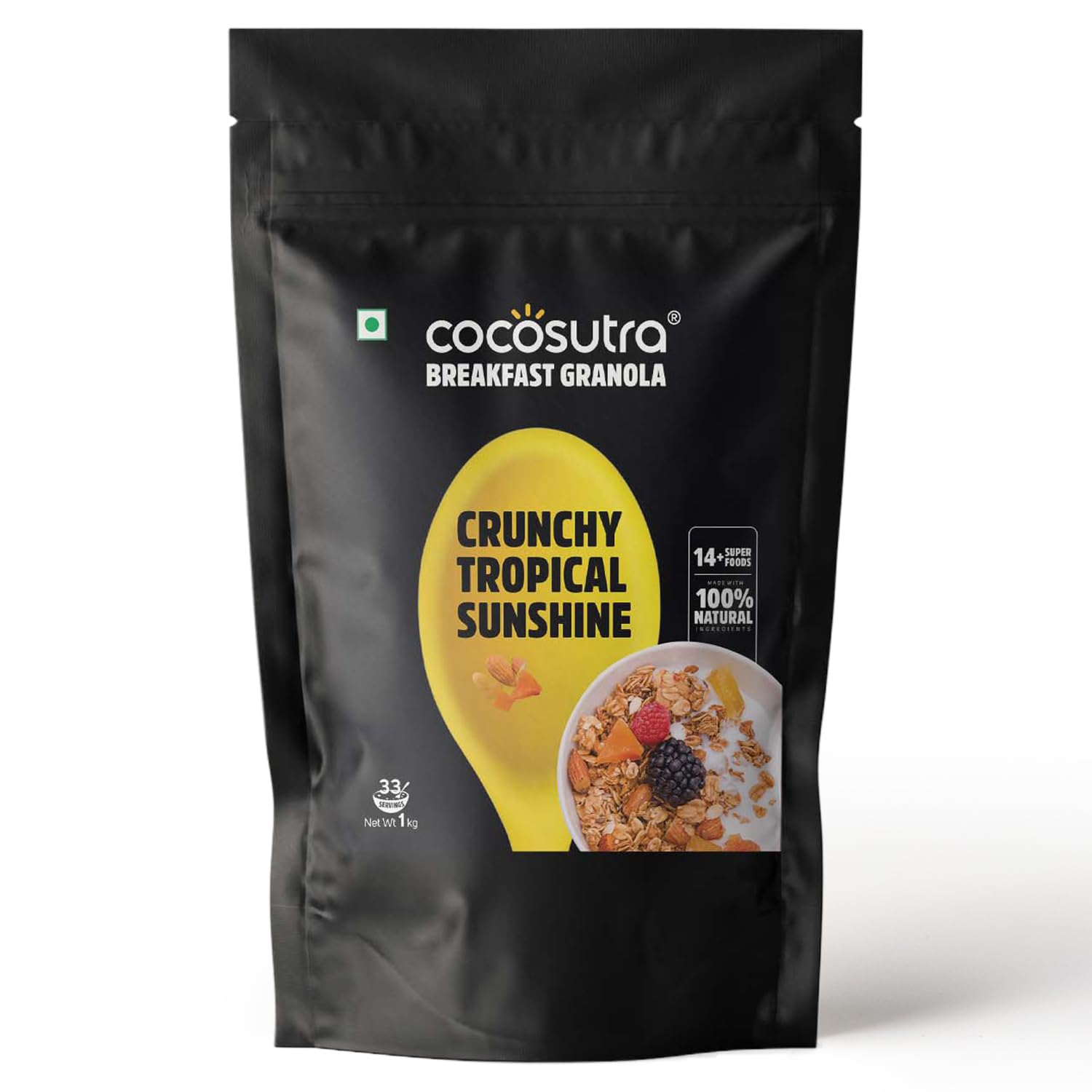 Crunchy Tropical Sunshine Breakfast Granola 1 kg | made with Natural & Gluten Free ingredients | High Protein Cereal with Oats, Nuts, Seeds and Dry Fruits | Lightly sweetened with Jaggery