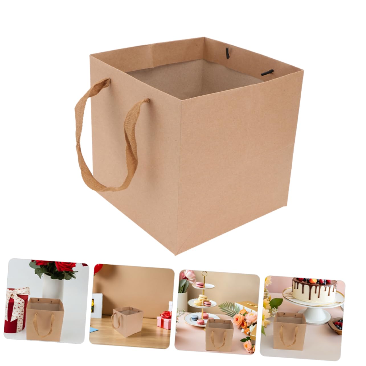 OUNONA 10 Sacchetti Regalo in Carta Kraft Quadrati con Manico, 25x25x25cm, Resistenti e Sostenibili, per Fiori, Dolci e Confezioni Regalo per Feste e Spedizioni
