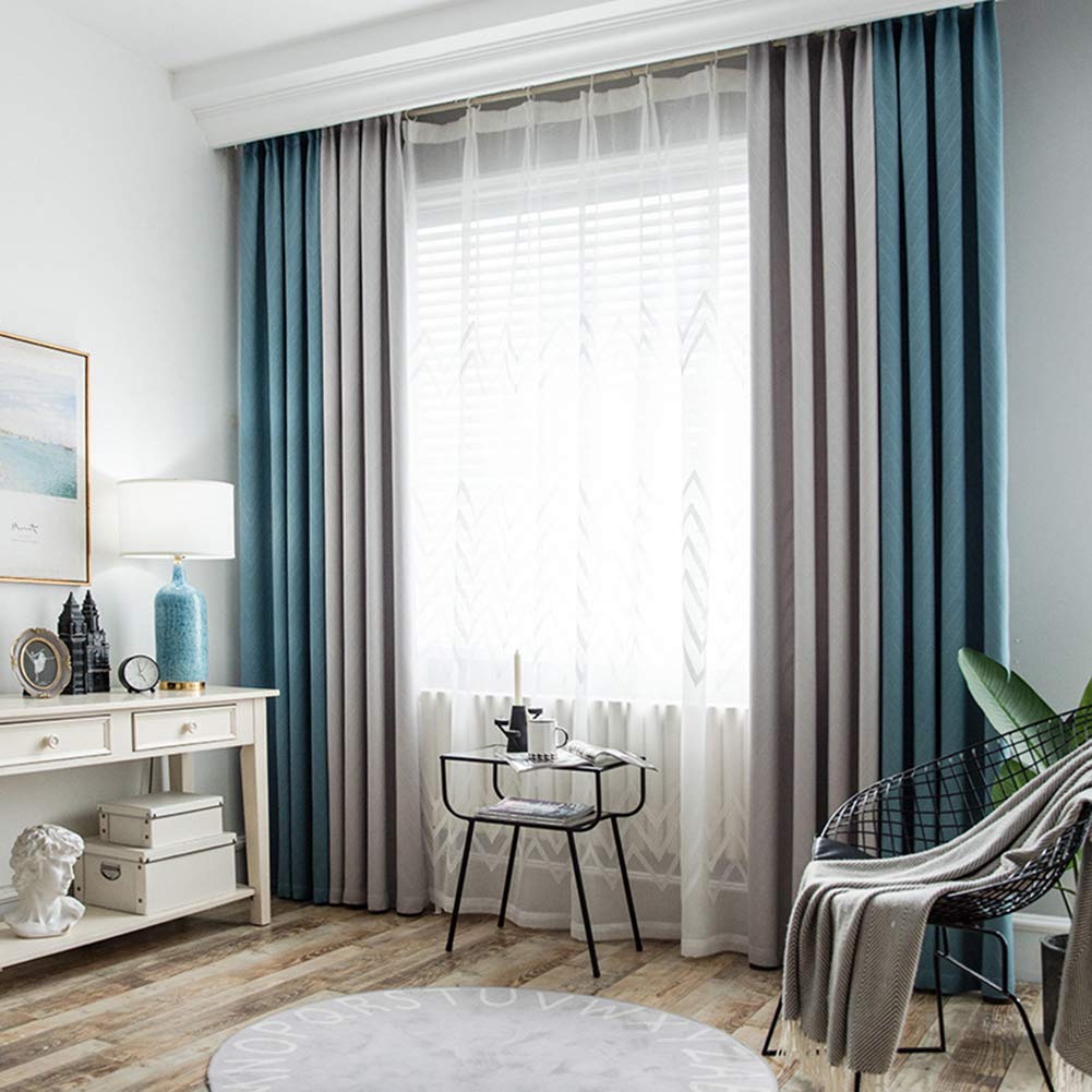 Bleu Gris Épissure Rideaux Occultants Jacquard Crayon Plissé Opaque Rideaux pour Intérieur Salon Chambre À Coucher,W100xL250cm*1 Piece