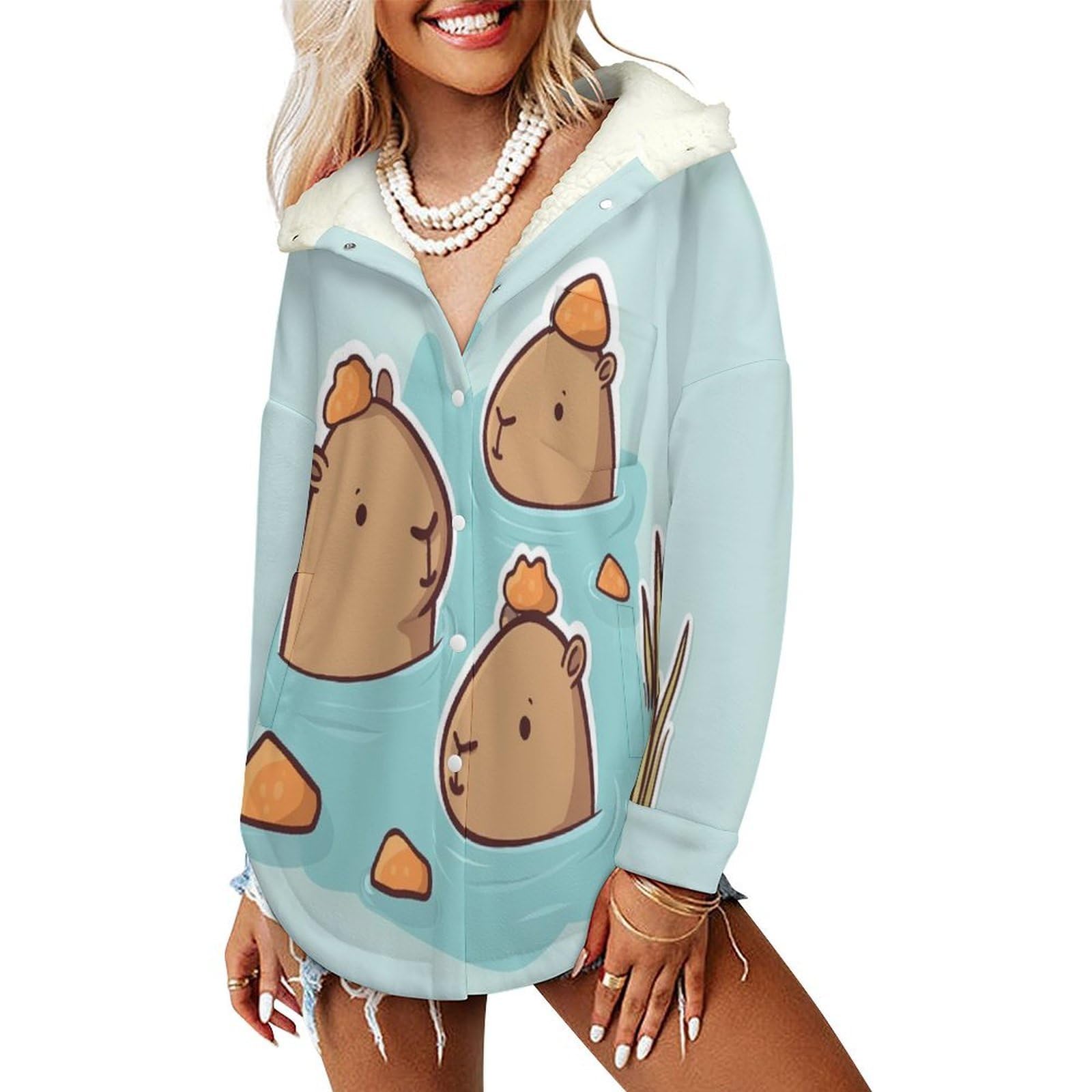 Sudadera Invierno con Capucha de Forro Polar Mujer Carpincho Nadando Cálido Hoodies a Manga Larga Felpa Sudadera con Bolsillos, Azul Claro