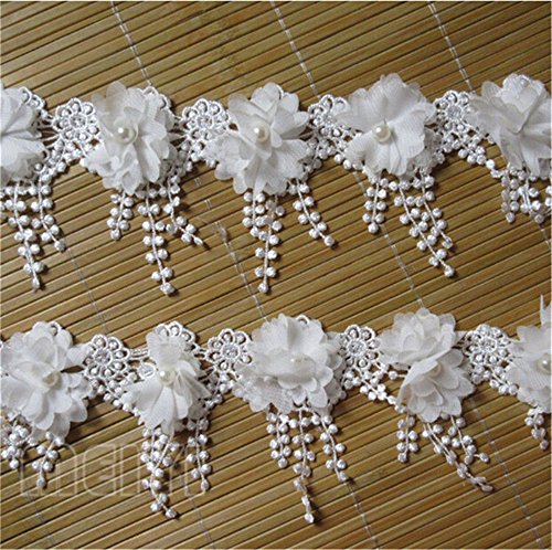 3 Yard 3D Chiffon Flower Pearl Beaded Lace Edge Trim Ribbon 3-1/2" Width Vintage Style 5 Colors Edging Trimmings Fabric Embroidered Applique Sewing Craft Wedding Bridal Dress Party DIY Decor(White)