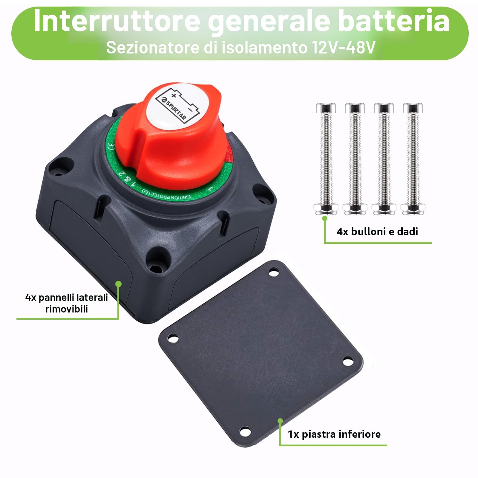 Spurtar Interruttore Stacca Batteria 12V 24V 48V 1-2-Both-Off Stacca Batteria per Auto, Camper, Yacht, Barca, Camion, Autobus