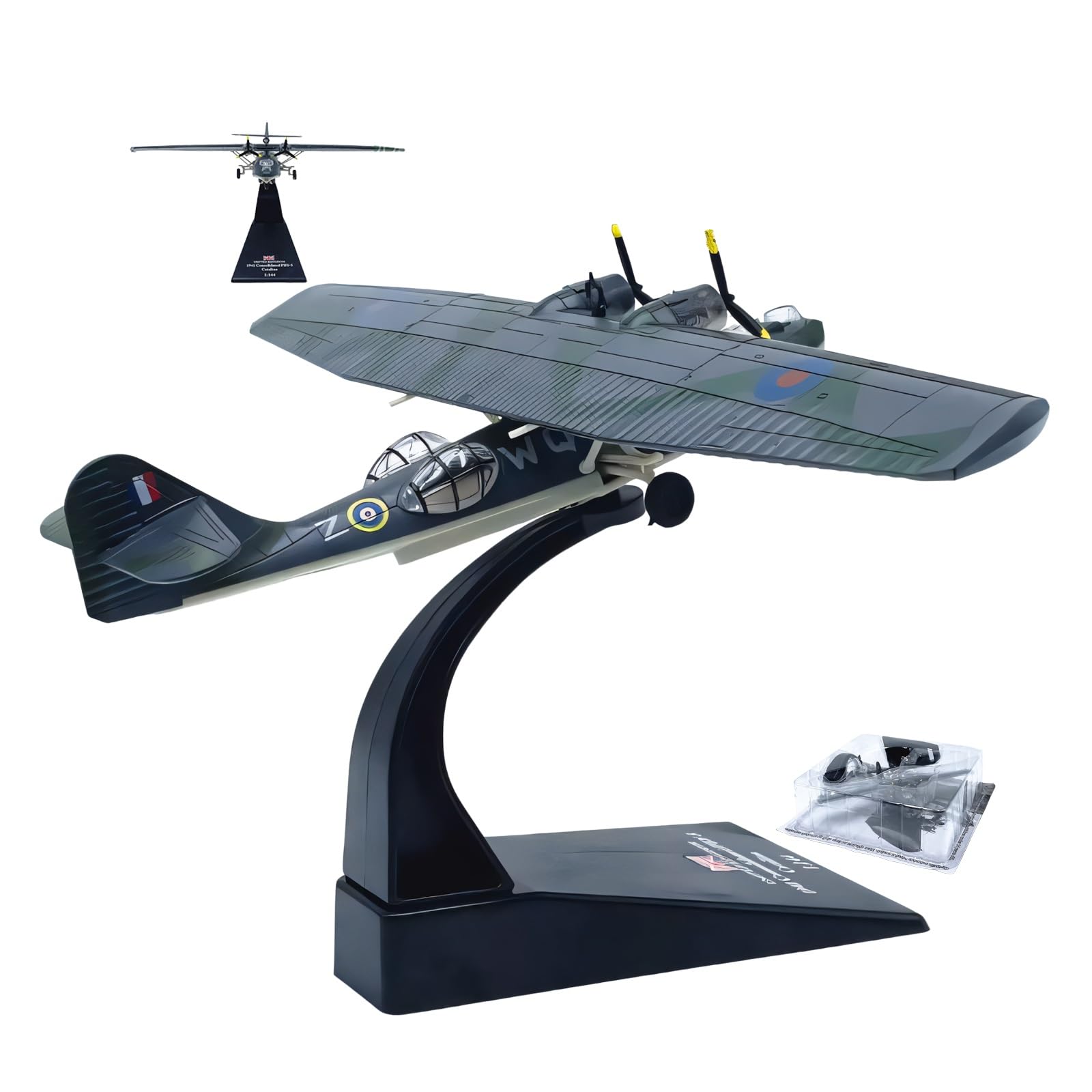 Modello aereo militare pressofuso metallo pressofuso PBY-5 in scala 1:144, collezione, con eliche rotanti, espositore, replica autentica for appassionati aviazione