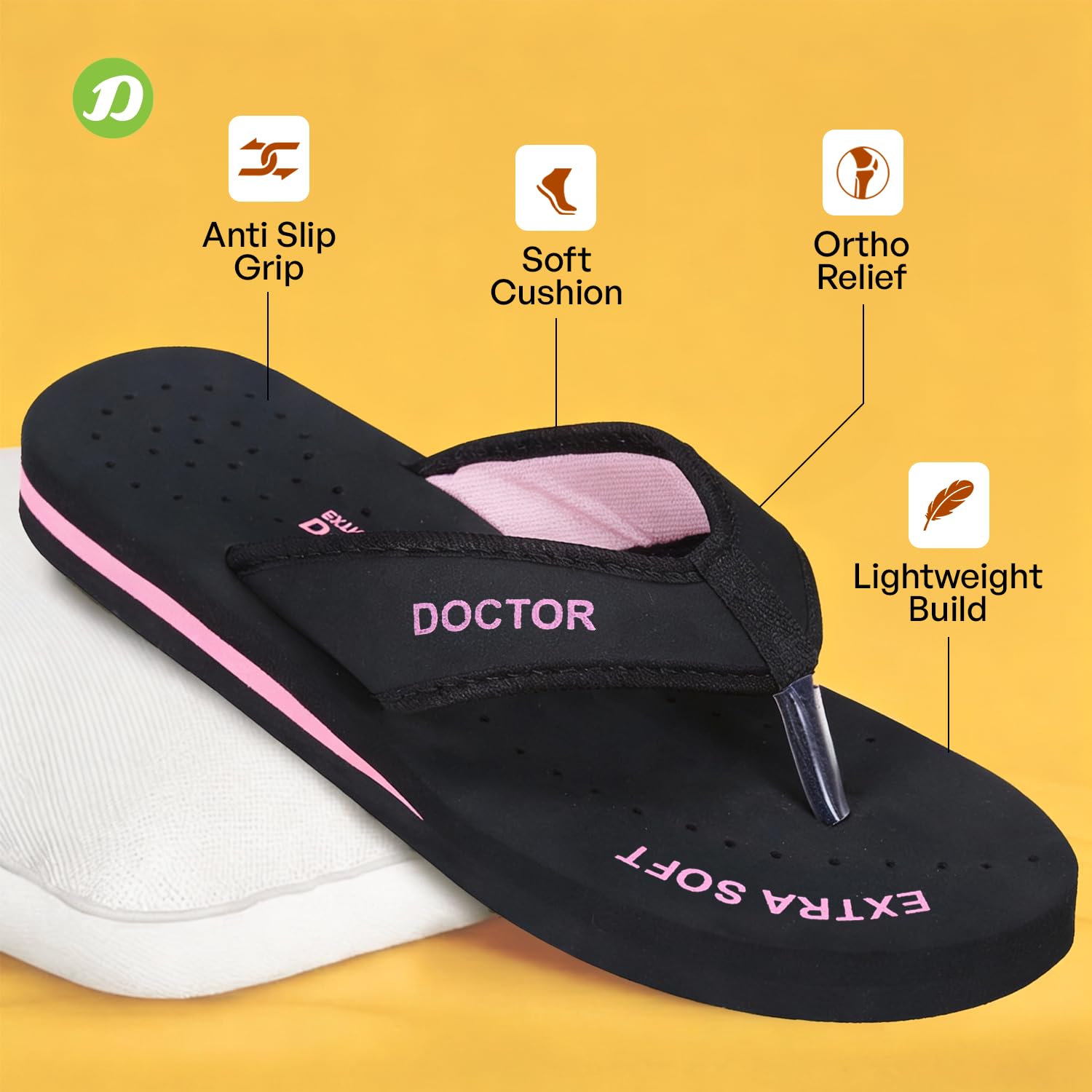 DOCTOR EXTRA SOFT Doctor Slippers for Women Orthopedic Diabetic Pregnancy Non Slip Lightweight Comfortable Flat Casual Stylish Dr Chappals and House Flip flops For Ladies and Girl’s D-22-Bk-Pink-9 UK 2