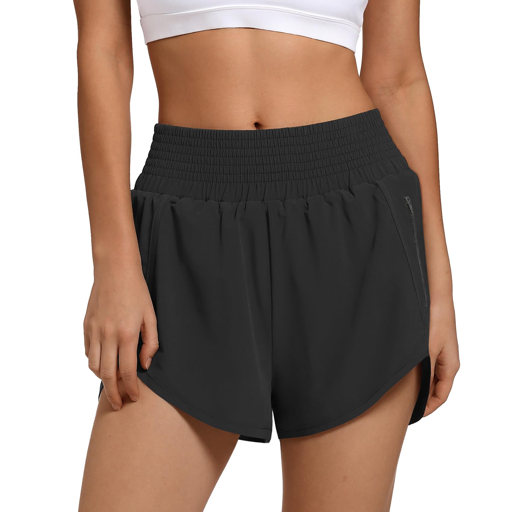 SAFWAK Women's High Waist Athletic Shorts Quick Dry Sporty Workout Running Shorts for Women with Zipper Pocket Black, S
