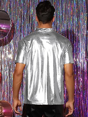 Lars Amadeus Metallic T-Shirt for Men's Stand Collared Shiny Disco Party Short Sleeves Polo Tee3