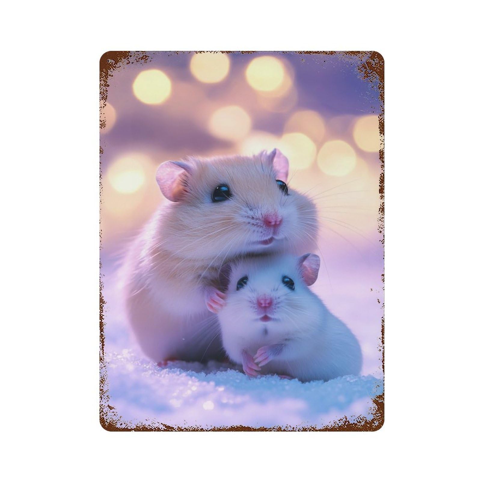 Vintage Rust Metal Sign Cute Hamsters in Snow 15.7"x11.8", Shabby Chic Decor for Cafe, Home Bar And Lounge Decor