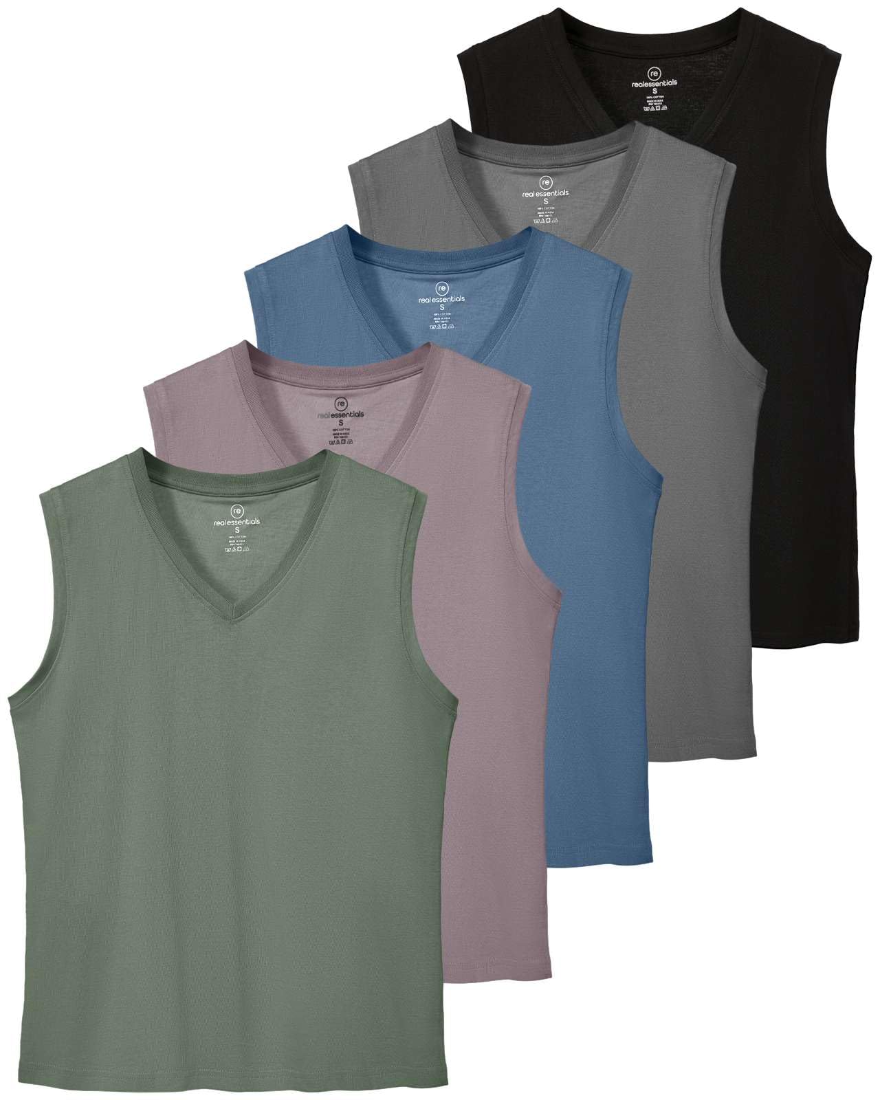 Real Essentials 5 Pack Womens 100 Cotton V-Neck Sleeveless Tank Top Basic Ladies Casual Shirts Available in Plus