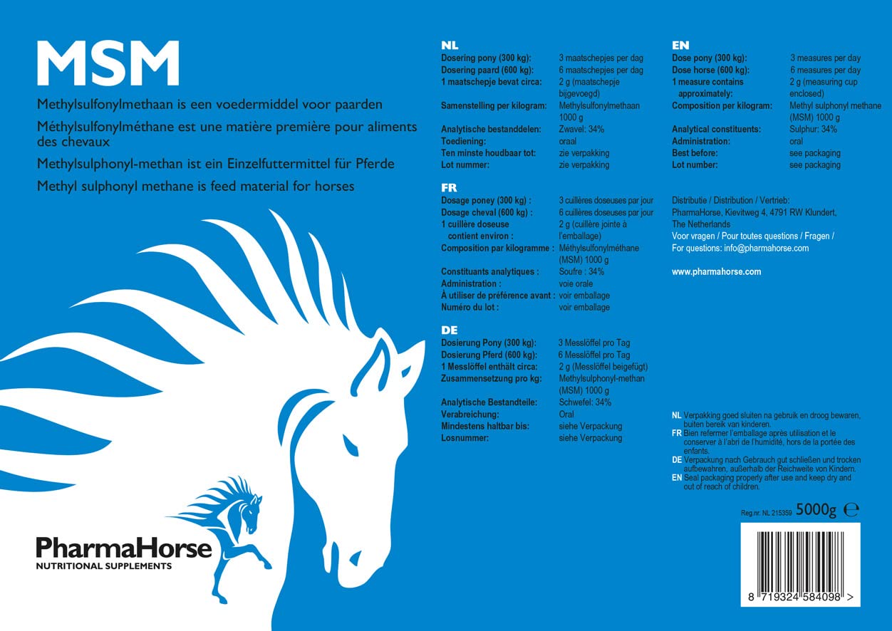 PharmaHorse MSM | Articulation Cheval | Soufre pour Cheval | sans Sucre ajouté | Sulfate de glucosamine 100% Pur | sans dopage | 5000 grammes