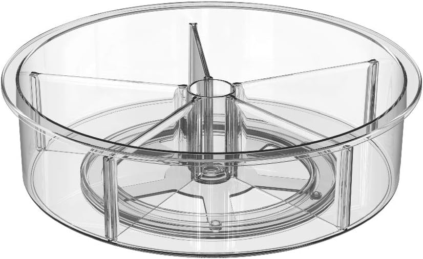 blitzlabsLazy Susan Divided Turntable Storage Container, Storage Organizer Container for Storage of Tea, Sweeteners, and More – Turntable Spice Rack for the Kitchen Cupboard – Clear
