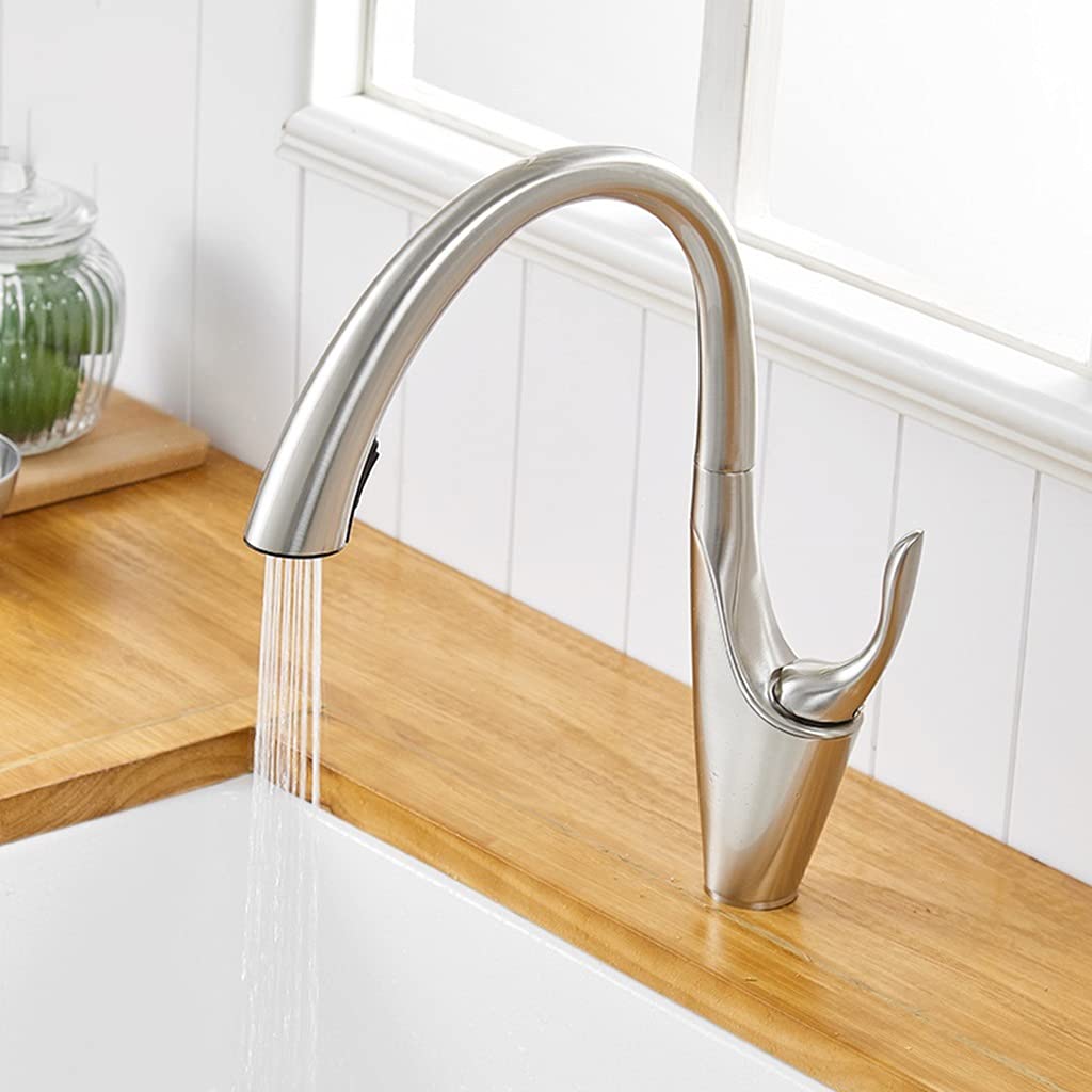 ZQFHSX Kitchen Sink Faucet for Bar Farmhouse Commercial, Pull Out Faucets, Single Handle Tap, 360 Rotation Brass Faucet, Brushed Nickel Mixer