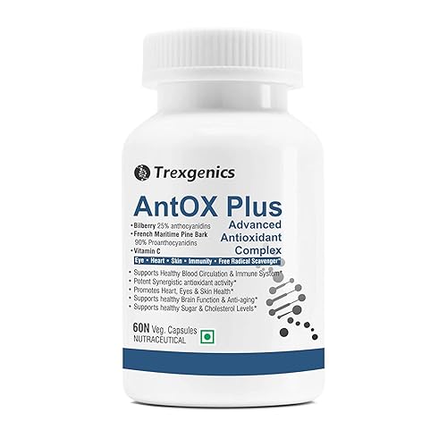 A.K. Trexgenics ANTOX PLUS Arándano 25% 200 mg, corteza de pino 90% 200 mg y vitamina C Complejo antioxidante avanzado, corazón, ojos, piel,